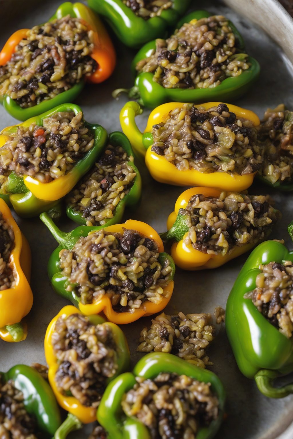 A close-up photo of green and yellow peppers packed with olive rice, tapenade shining, under soft lighting.