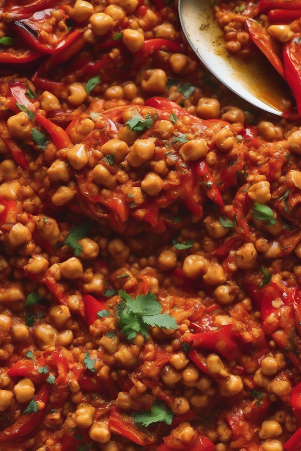 A close-up photo of red peppers exploding with spicy harissa rice, chickpeas visible, under soft lighting.