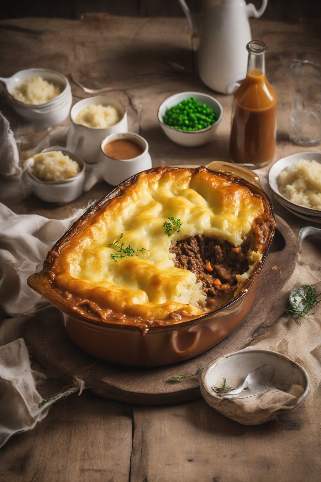 A high-resolution photo of beef cottage pie with thick gravy layers under rustic mash, under soft lighting.