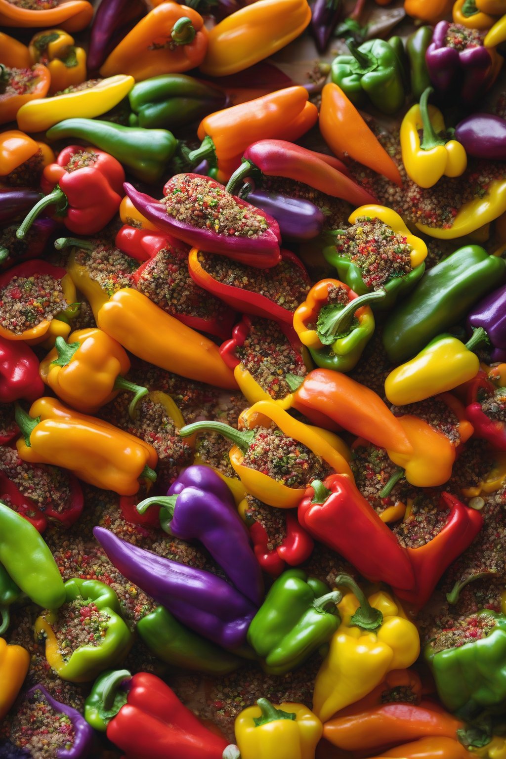 A close-up photo of rainbow-colored peppers filled with vibrant quinoa-rice veggie mix, under soft lighting.