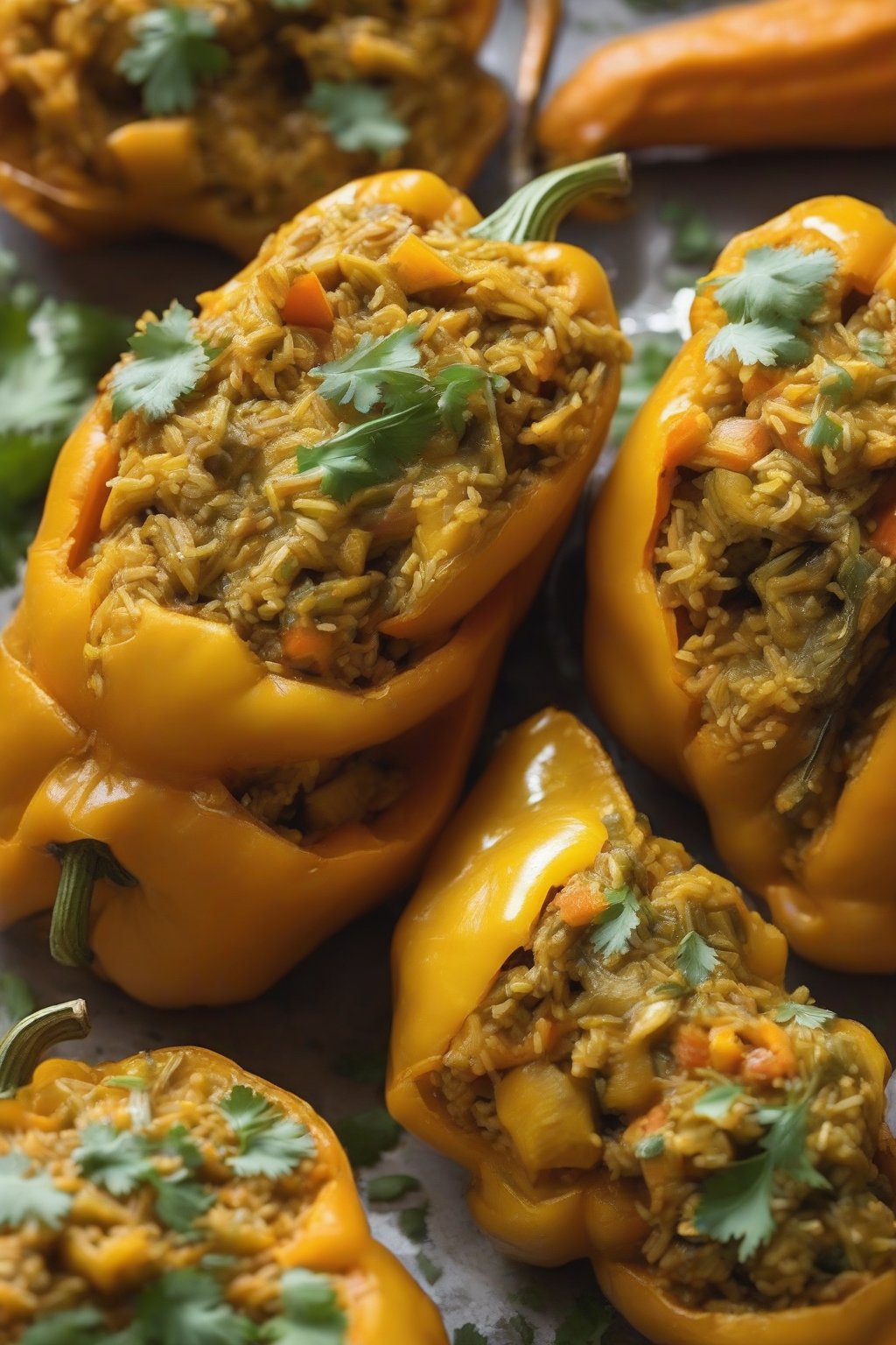 A close-up photo of golden peppers stuffed with orange sweet potato curry rice, under soft lighting.