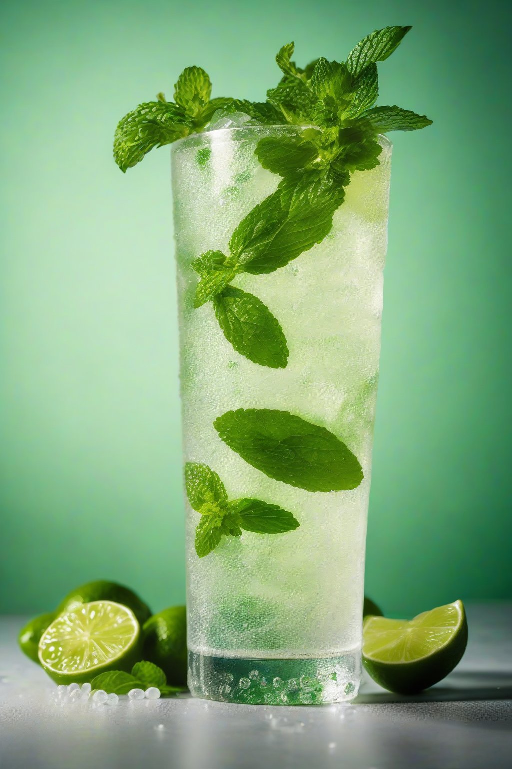 A high-resolution photo of a classic mojito in a tall glass, garnished with a mint sprig and lime wheel, condensation beads on the glass under soft lighting.
