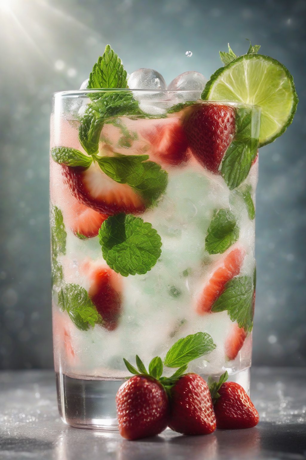 A high-resolution photo of a strawberry mojito with floating berry slices and mint, fizzing gently in a frosty glass under soft lighting.