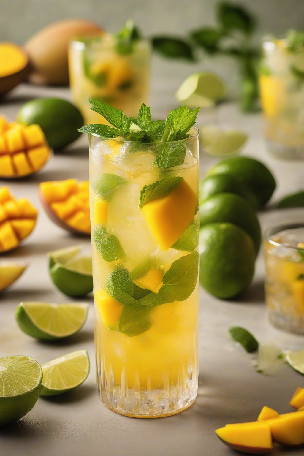A high-resolution photo of a mango mojito topped with mango chunks and lime, golden hues glowing in a highball glass under soft lighting.