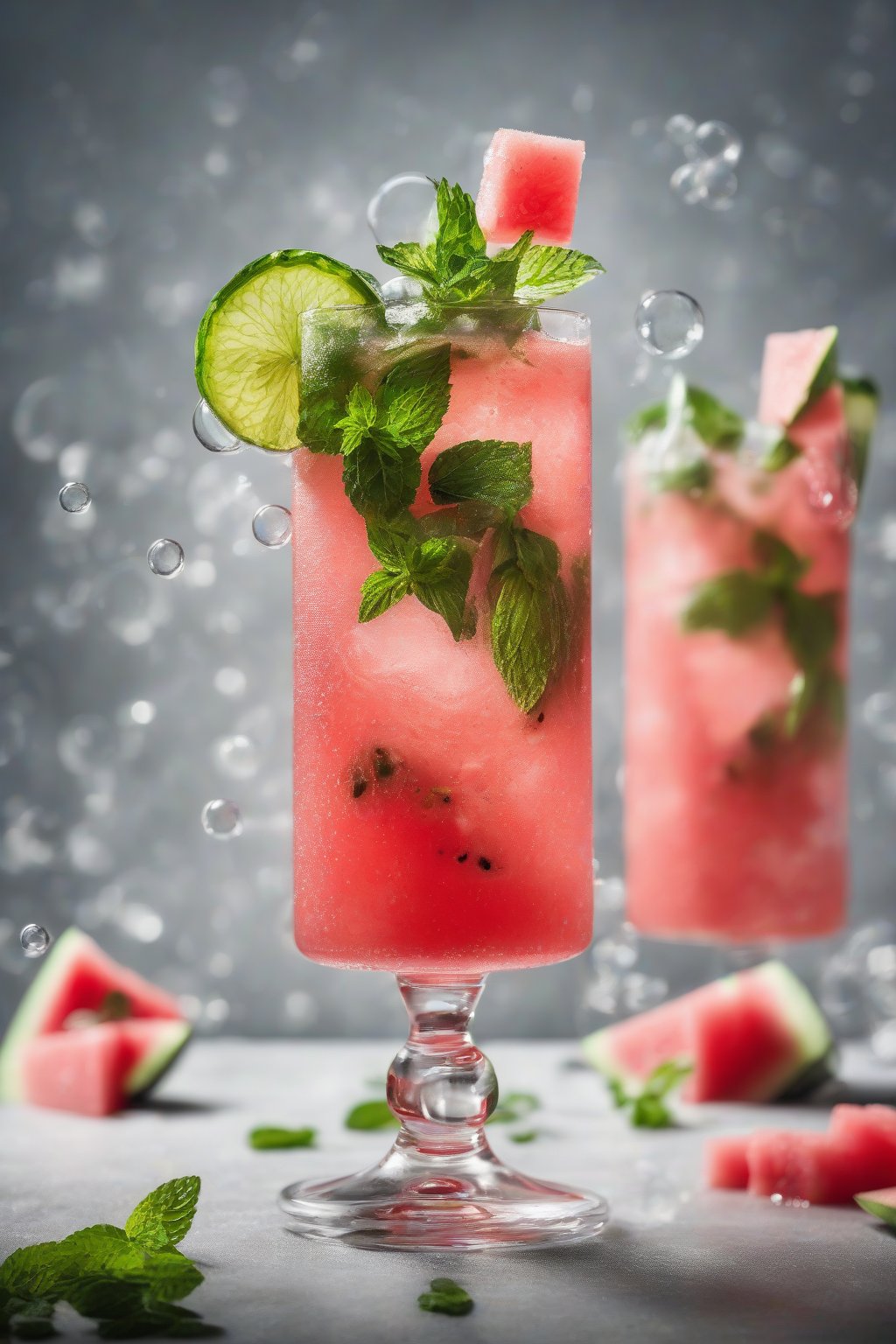 A high-resolution photo of a watermelon mojito with juicy cubes and mint garnish, bubbles rising in a chilled glass under soft lighting.