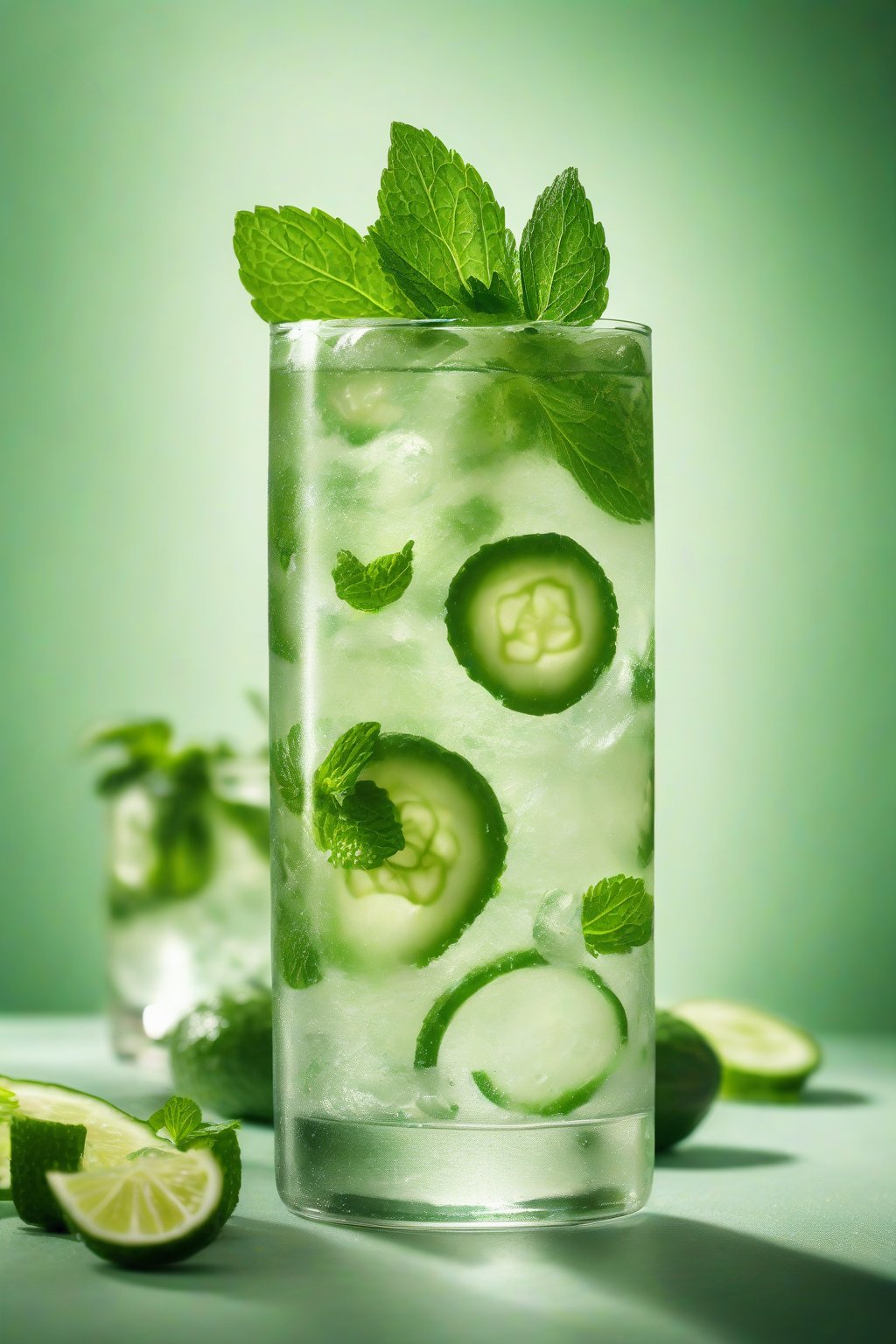 A high-resolution photo of a cucumber mojito with thin slices floating and mint sprig, clear and invigorating in a slender glass under soft lighting.