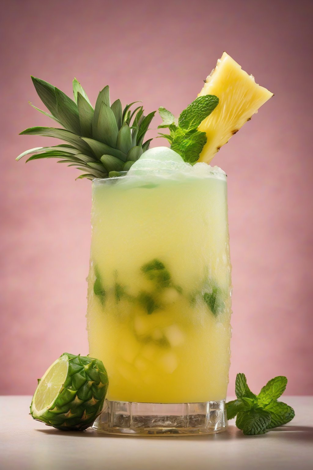 A high-resolution photo of a pineapple mojito garnished with pineapple wedge and mint, tropical foam on top under soft lighting.