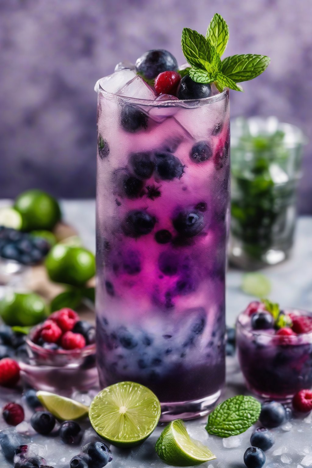 A high-resolution photo of a blueberry mojito with mashed berries staining the ice purple, mint garnish under soft lighting.