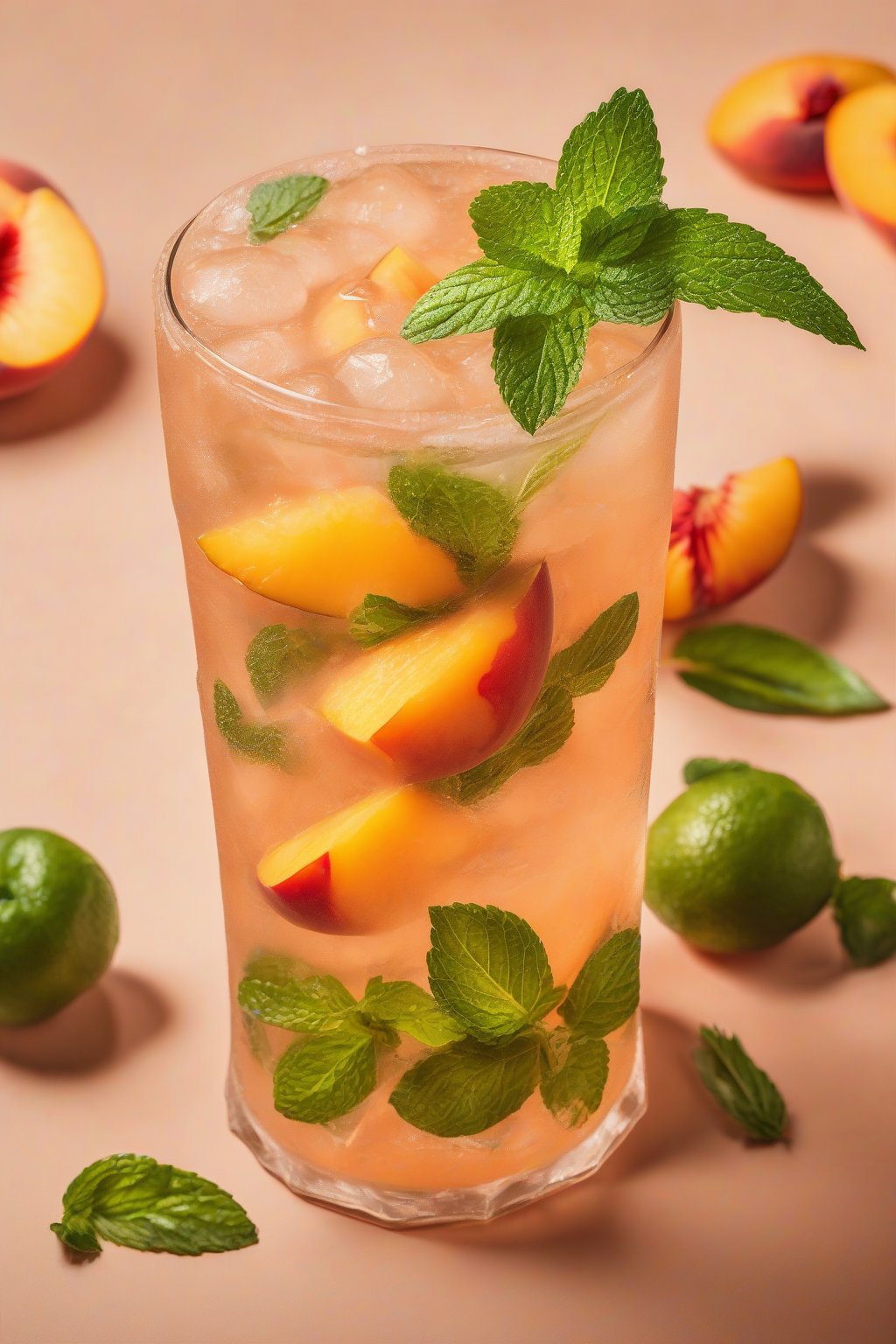 A high-resolution photo of a peach mojito with peach slices and mint, warm orange tones in a dew-kissed glass under soft lighting.