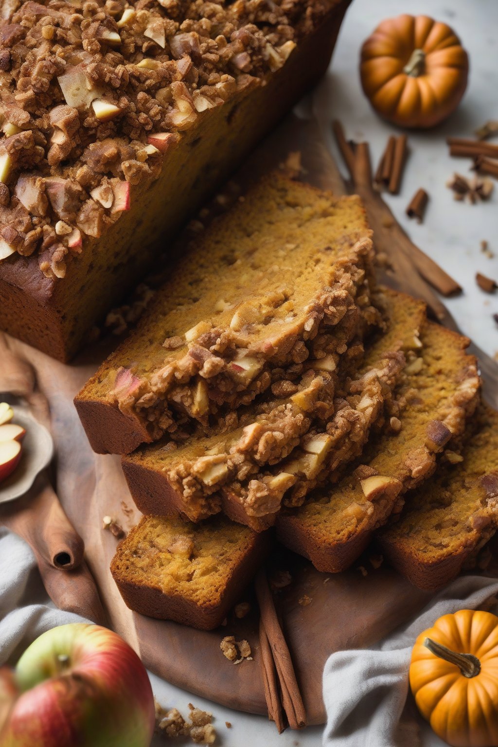 A high-resolution close-up photo of clove and apple pumpkin bread studded with apple chunks and spiced crumb, under soft lighting.