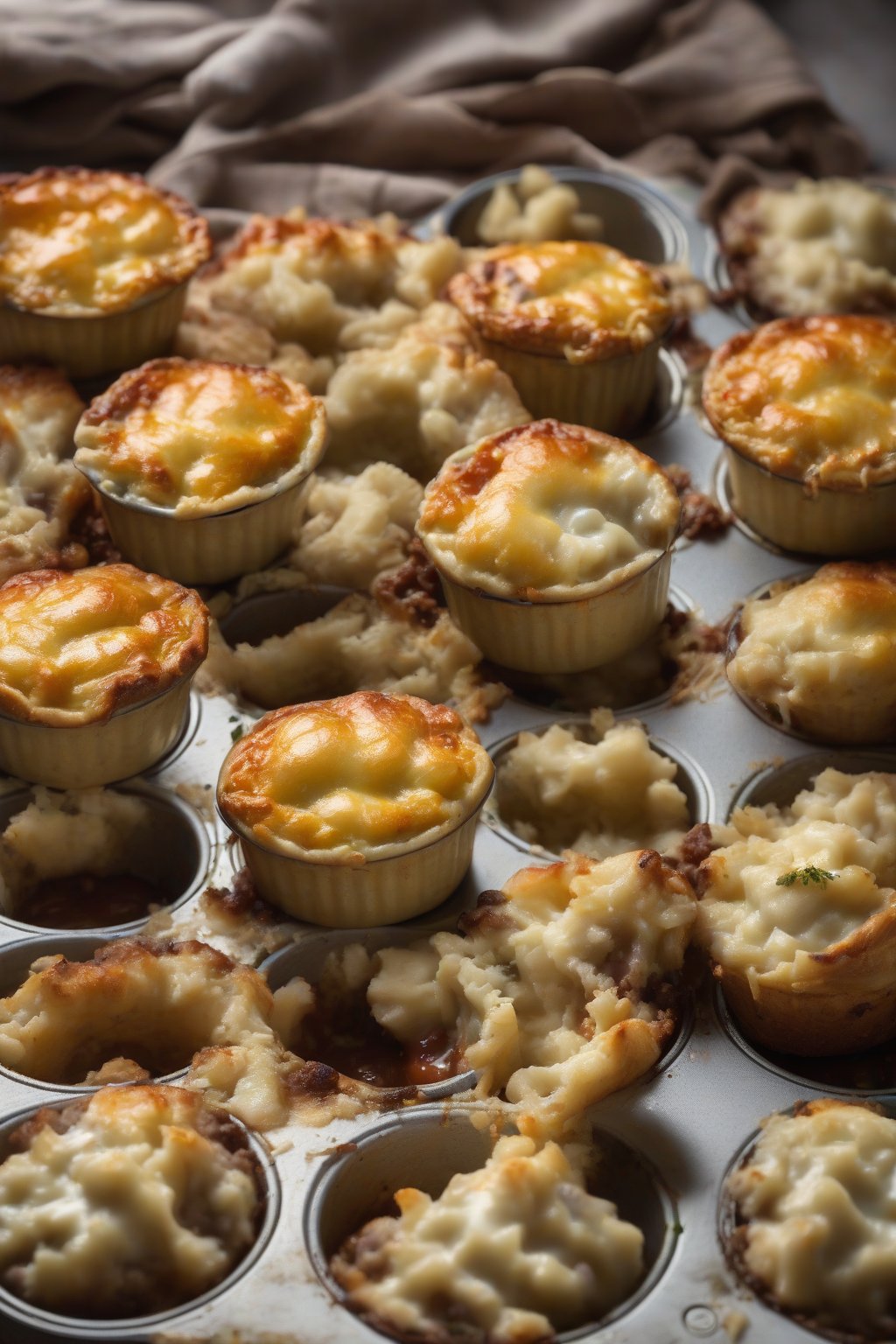 A high-resolution photo of mini shepherd's pies in muffin tins, golden tops with filling oozing slightly, under soft lighting.