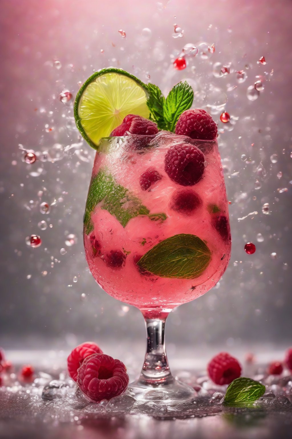 A high-resolution photo of a raspberry mojito swirling with red berries and bubbles, lime wheel garnish under soft lighting.