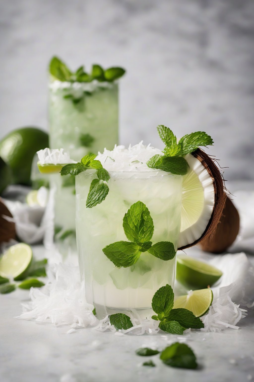 A high-resolution photo of a coconut mojito with shredded coconut rim and mint, creamy white layer under soft lighting.