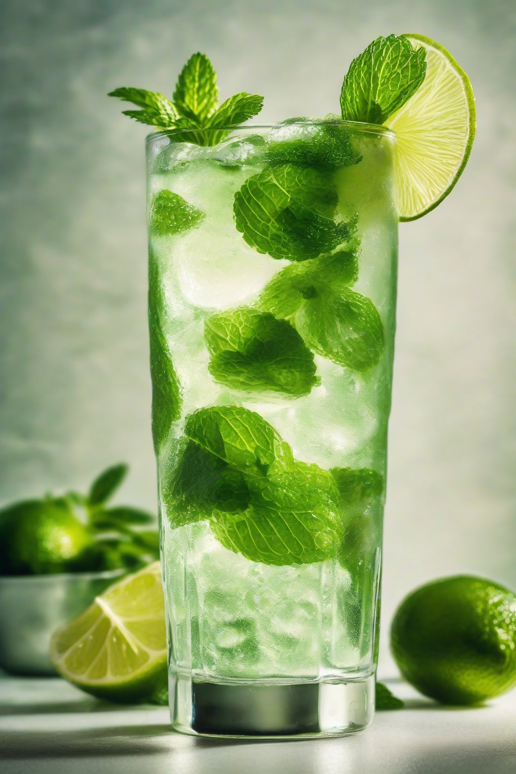 A high-resolution photo of a virgin mojito brimming with mint leaves and lime wedges, sparkling clear in a tall glass under soft lighting.