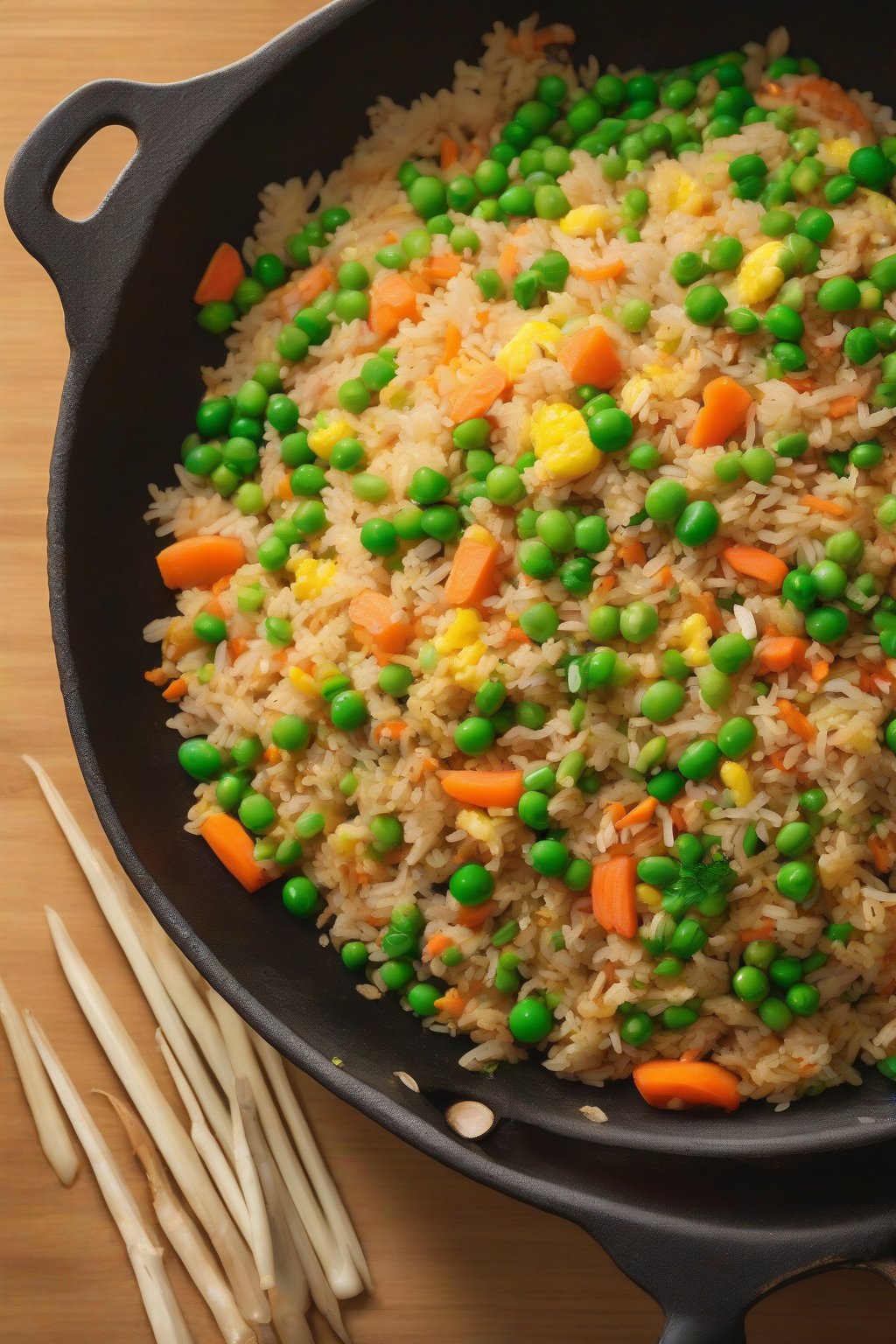 A high-resolution photo of steaming classic veggie fried rice with vibrant carrots, peas, and scrambled eggs in a wok, under soft lighting.