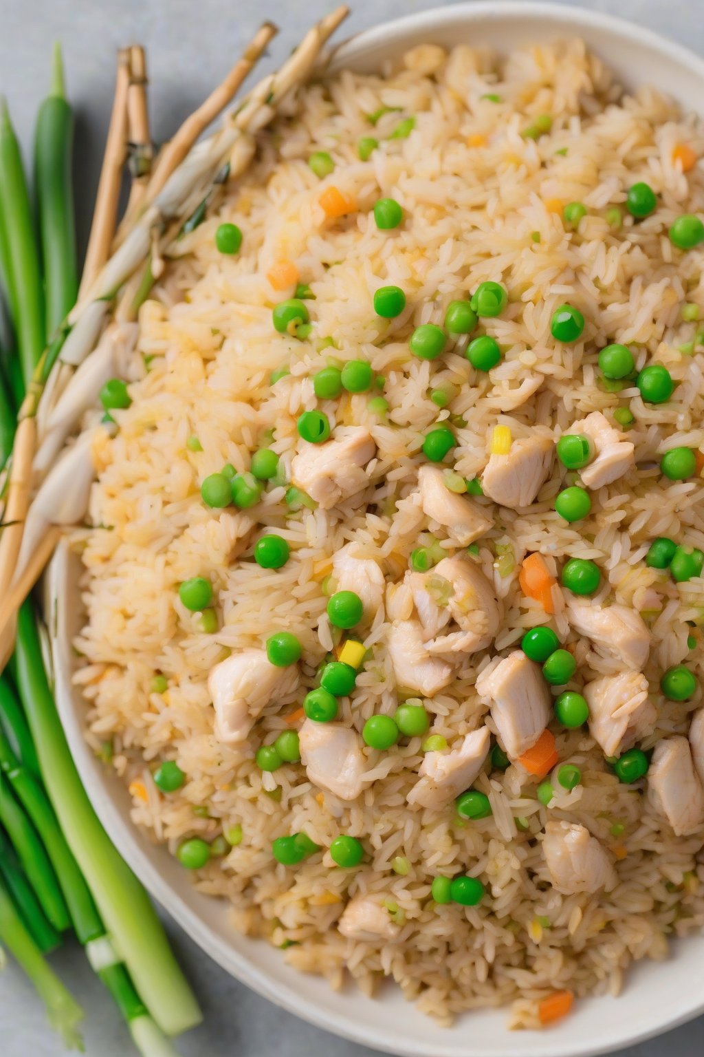 A high-resolution photo of chicken fried rice with golden bites of chicken, peas, and fluffy rice garnished with green onions, under soft lighting.