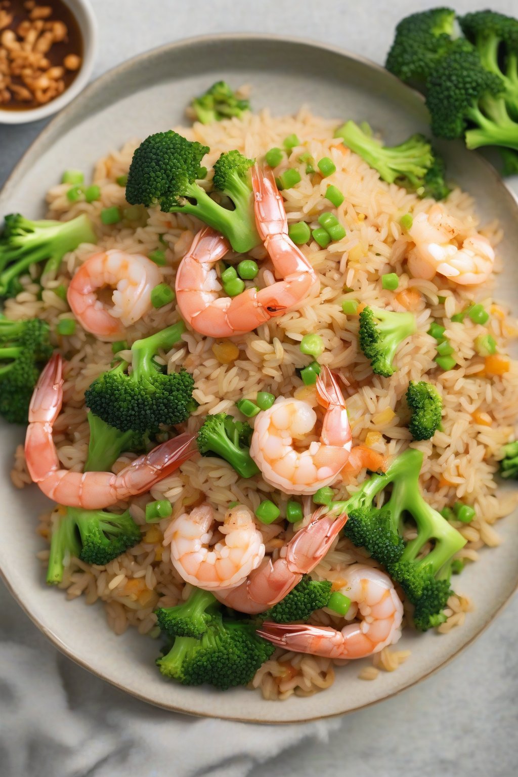 A high-resolution photo of shrimp fried rice featuring pink shrimp atop fluffy rice with green broccoli, under soft lighting.
