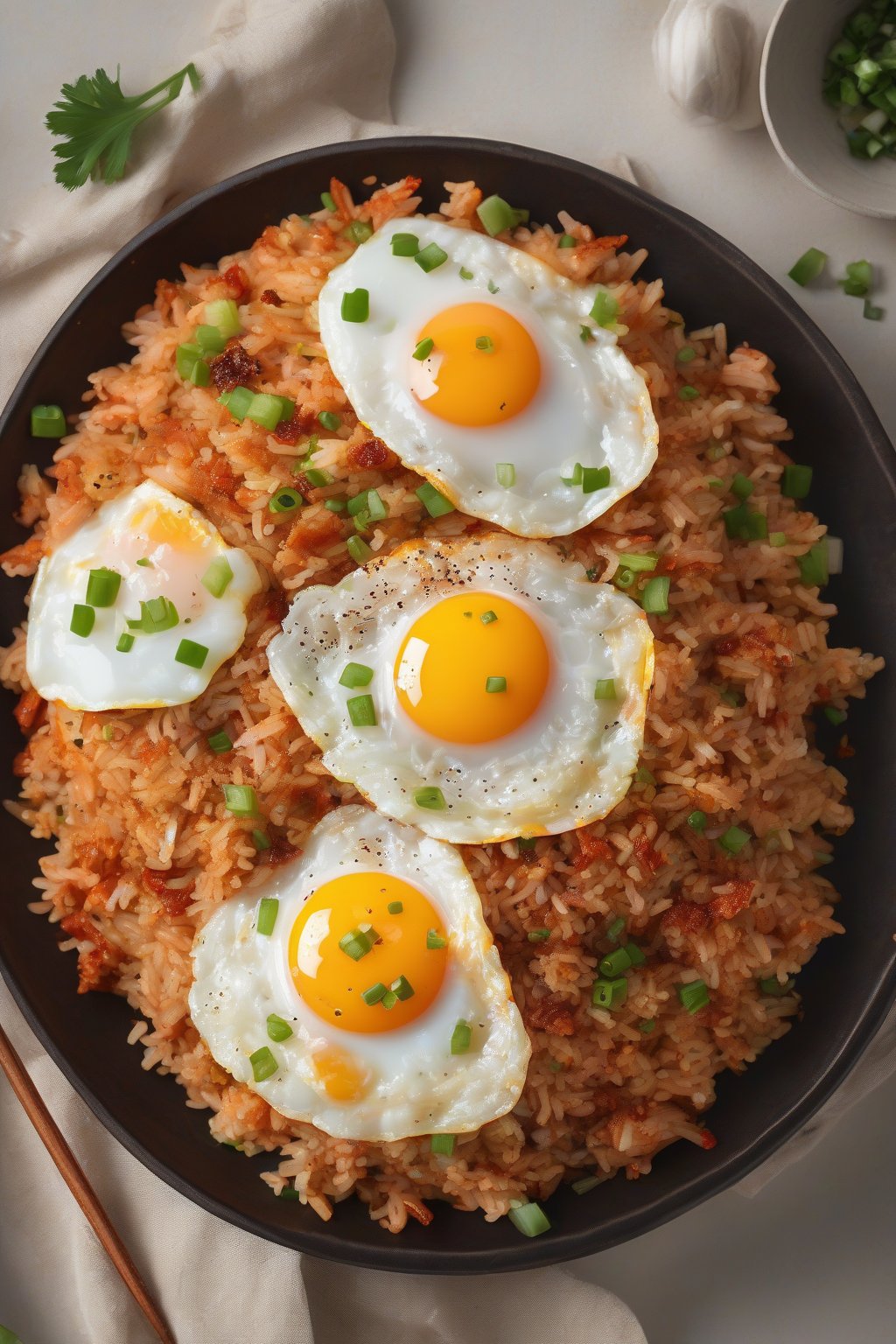 A high-resolution photo of kimchi fried rice with red spicy kimchi flecks and fried egg on top, under soft lighting.