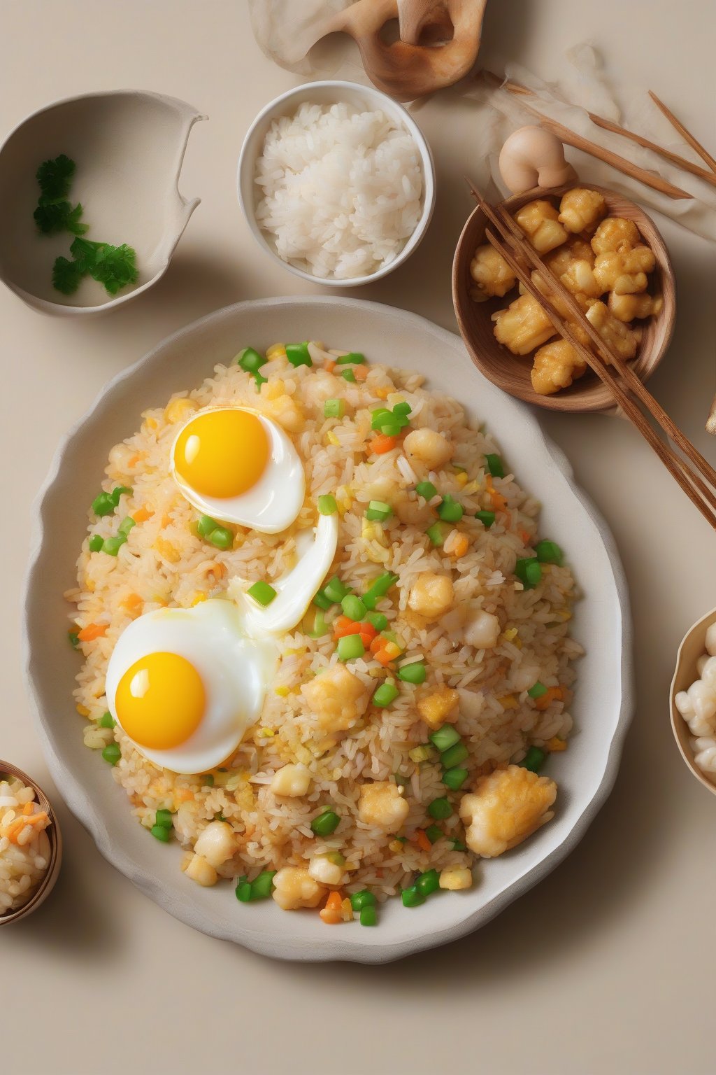 A high-resolution photo of egg fried rice with large golden egg curds mixed into white rice, under soft lighting.