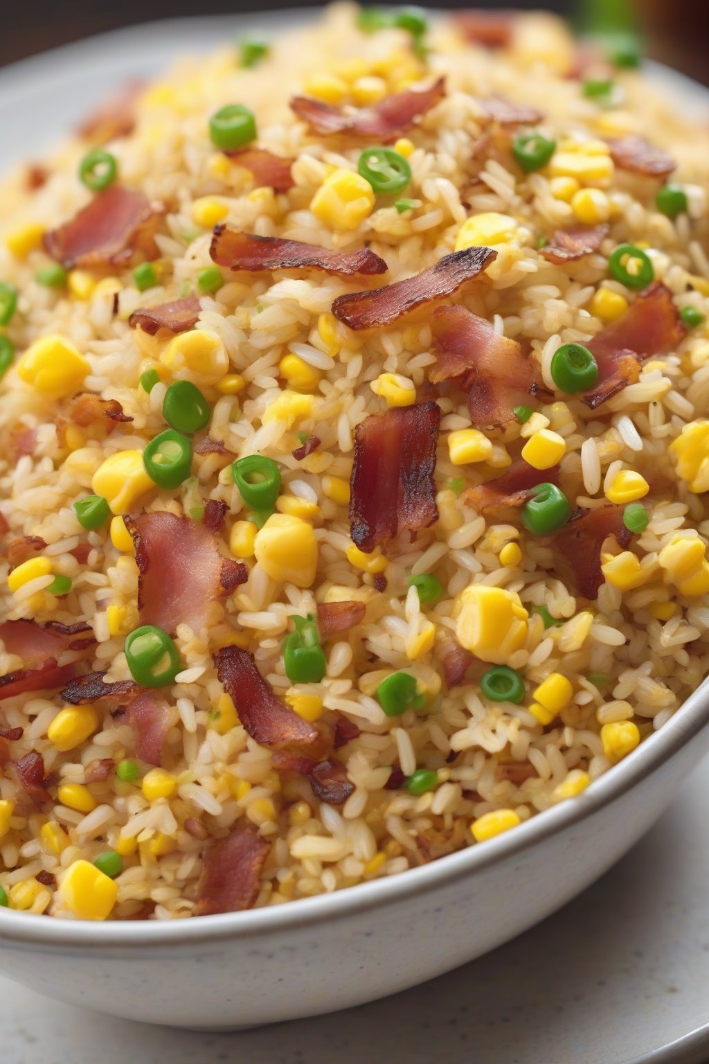 A high-resolution photo of bacon fried rice with crispy bacon bits, yellow corn, and scrambled eggs, under soft lighting.