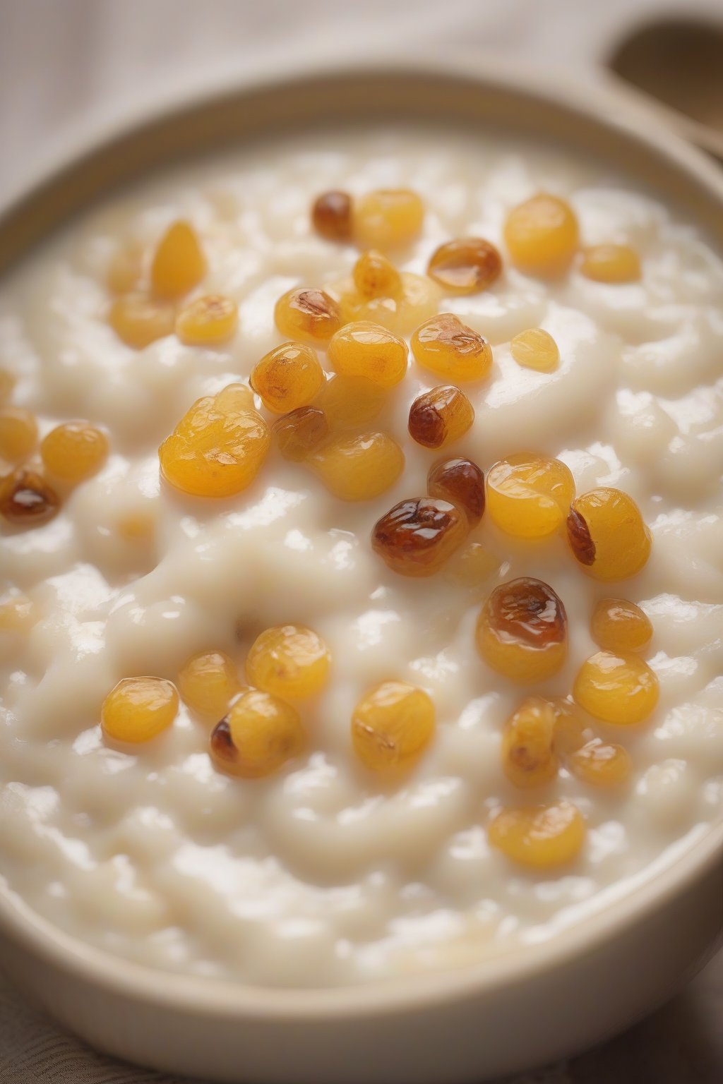 A high-resolution close-up photo of classic creamy rice pudding topped with golden raisins, steam rising gently under soft lighting.