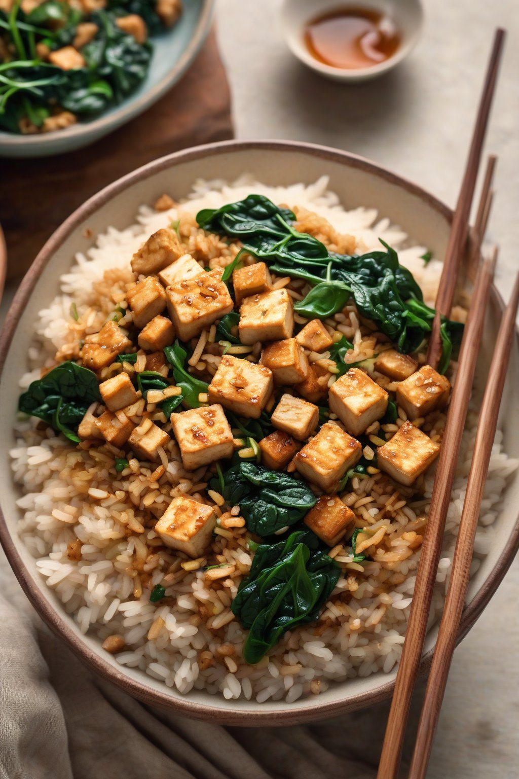 A high-resolution photo of tofu fried rice with browned tofu cubes and wilted spinach over rice, under soft lighting.