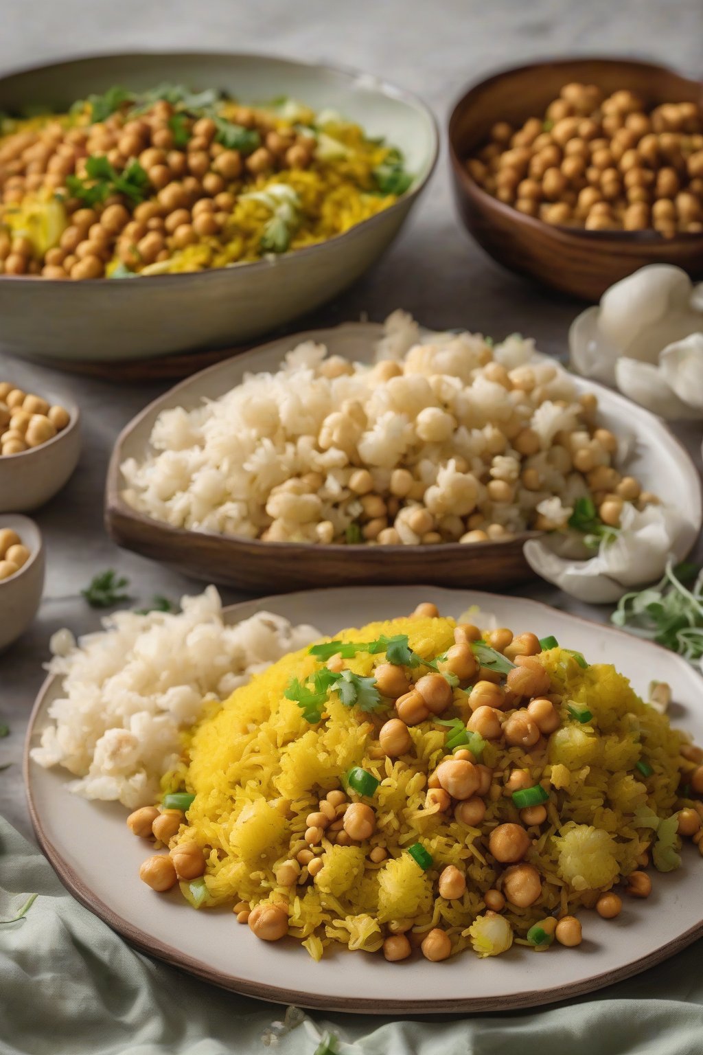 A high-resolution photo of curry fried rice with yellow-stained rice, cauliflower florets, and chickpeas, under soft lighting.