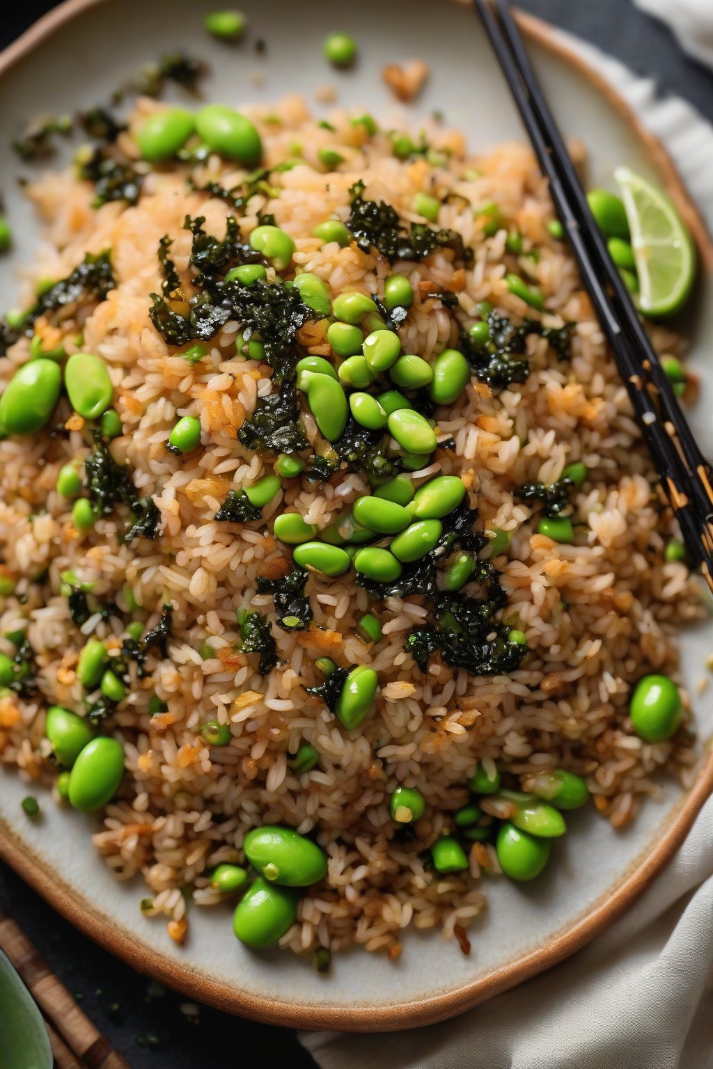 A high-resolution photo of teriyaki fried rice glistening with sauce, green edamame, and nori, under soft lighting.