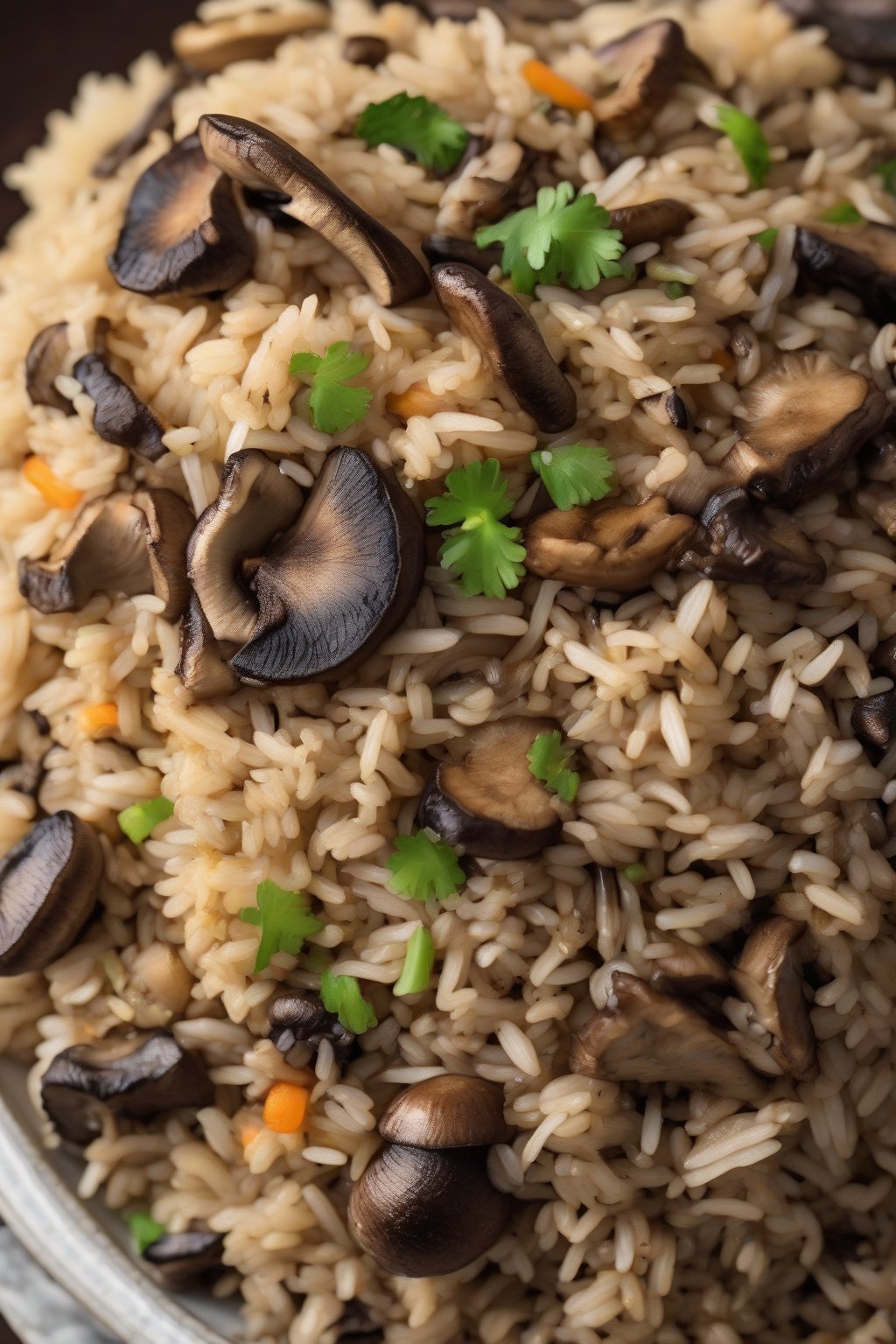 A high-resolution photo of mushroom fried rice piled with dark browned mushrooms and fluffy rice, under soft lighting.