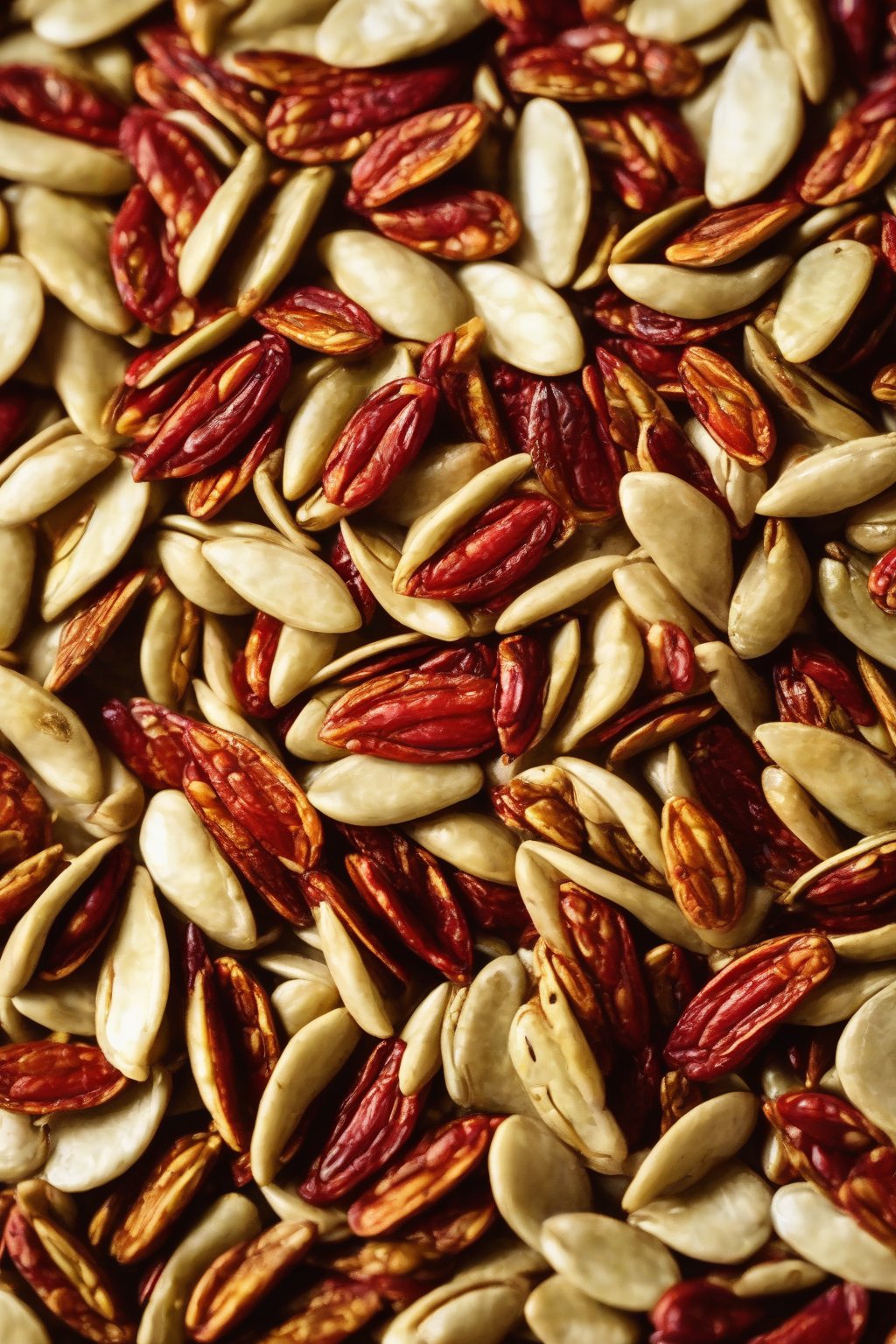 A close-up photo of vibrant red chili lime roasted pumpkin seeds in a white bowl under soft lighting.