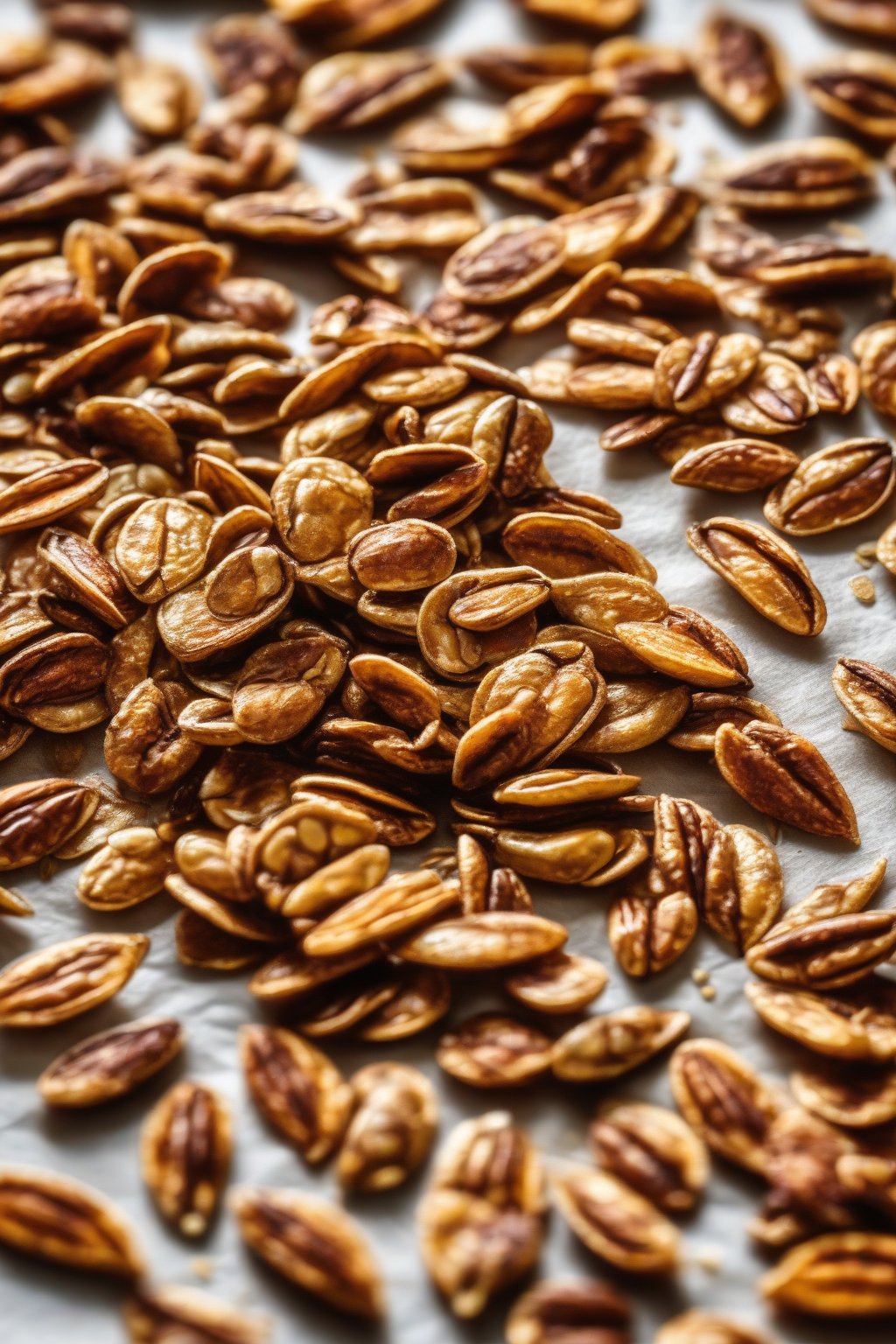 A close-up photo of shiny cinnamon sugar roasted pumpkin seeds piled high on parchment paper under soft lighting.