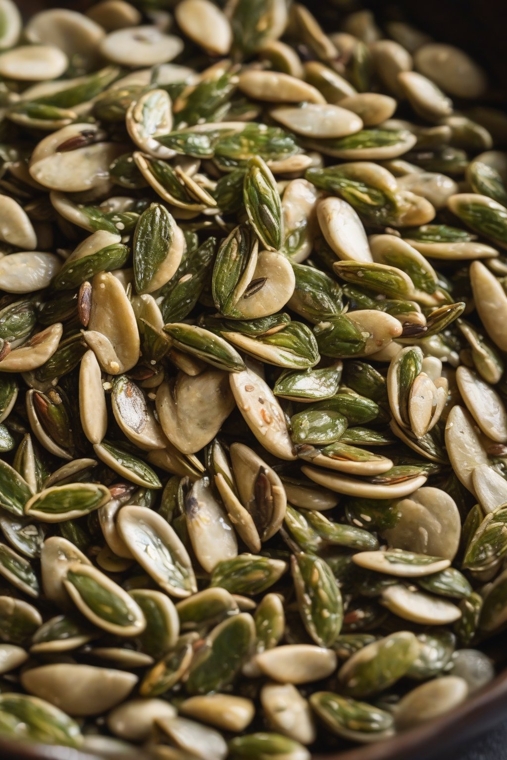 A close-up photo of green-flecked rosemary sea salt roasted pumpkin seeds in a rustic dish under soft lighting.