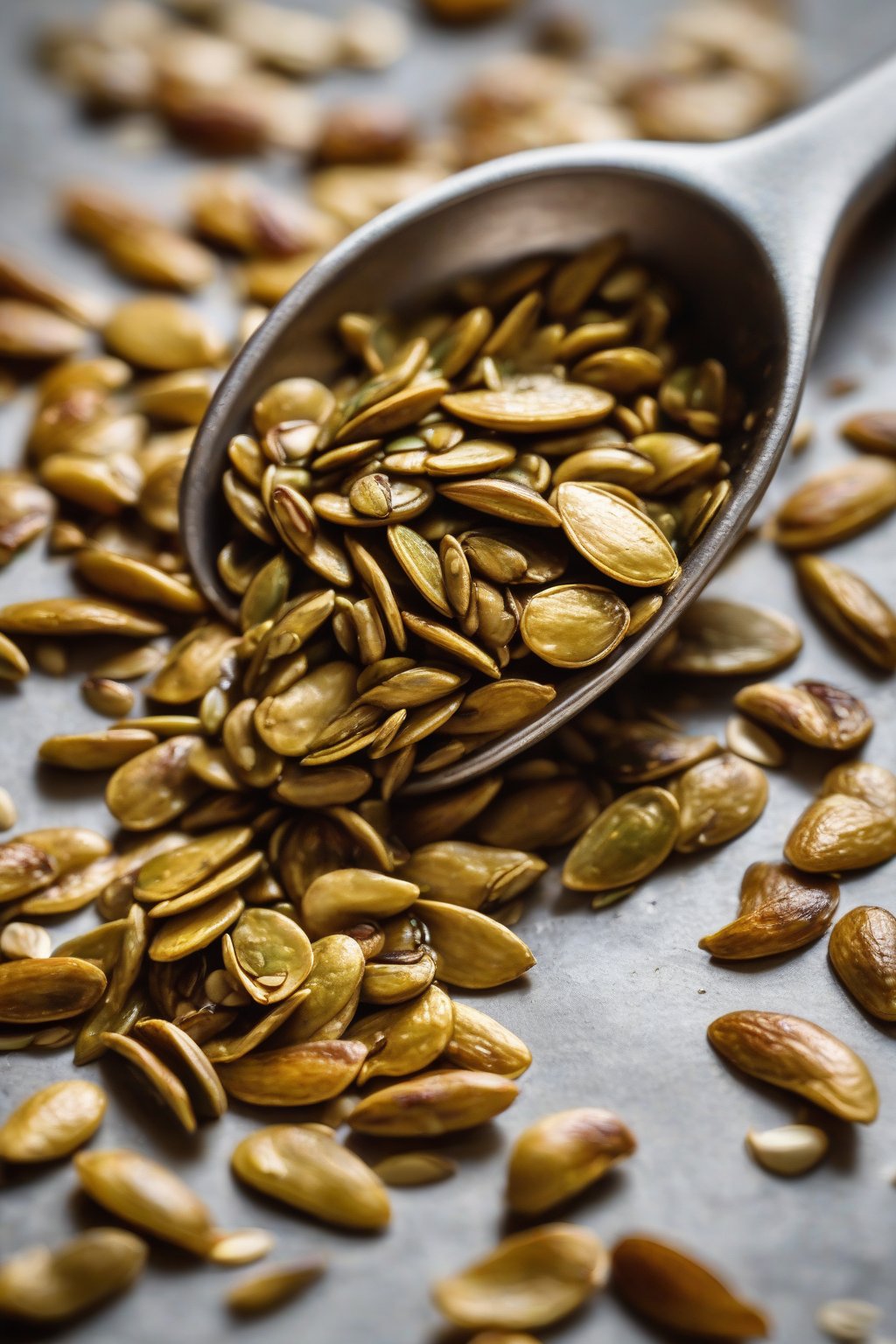A close-up photo of warmly spiced curry roasted pumpkin seeds spilling from a spoon under soft lighting.