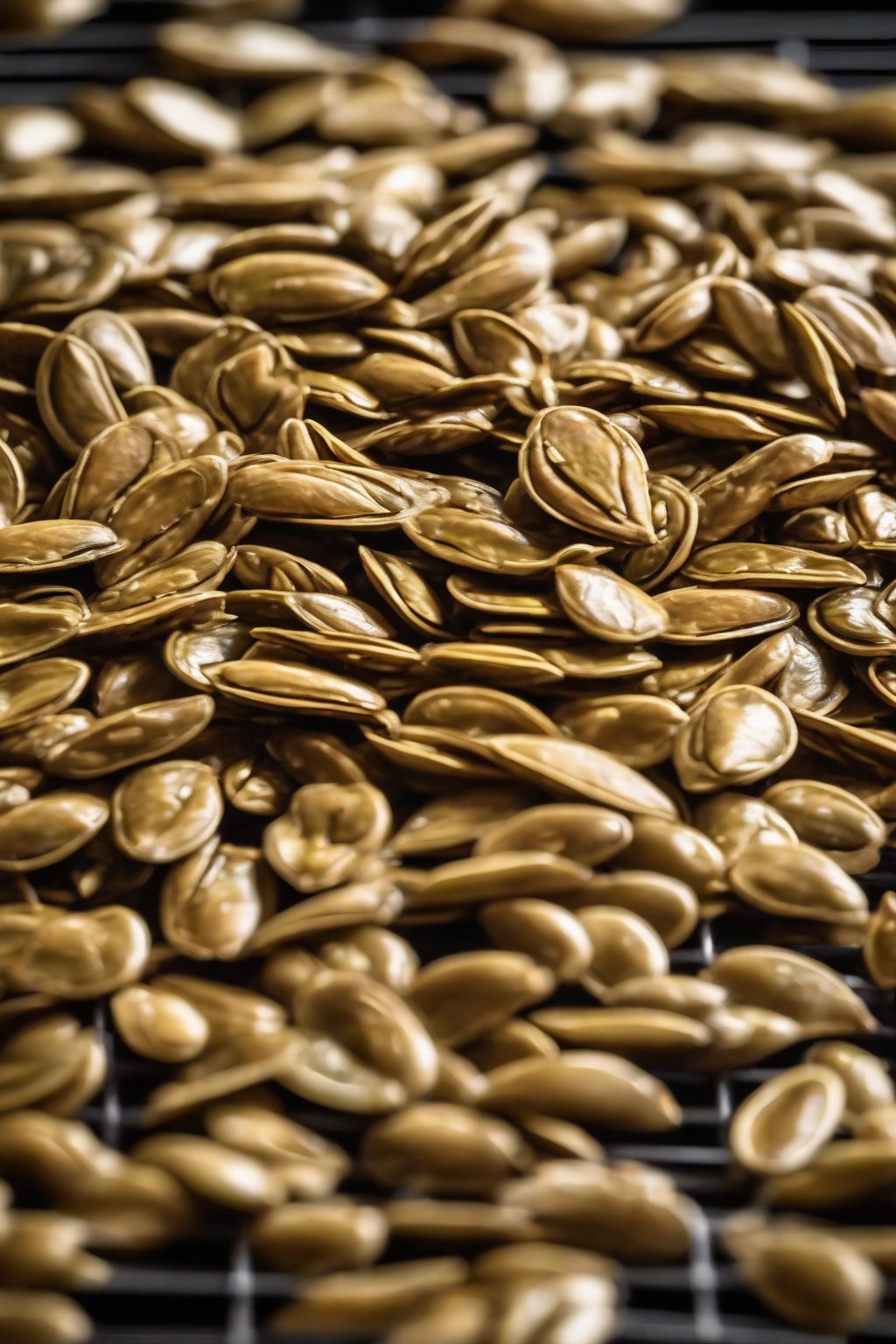 A close-up photo of glossy maple glazed roasted pumpkin seeds on a cooling rack under soft lighting.