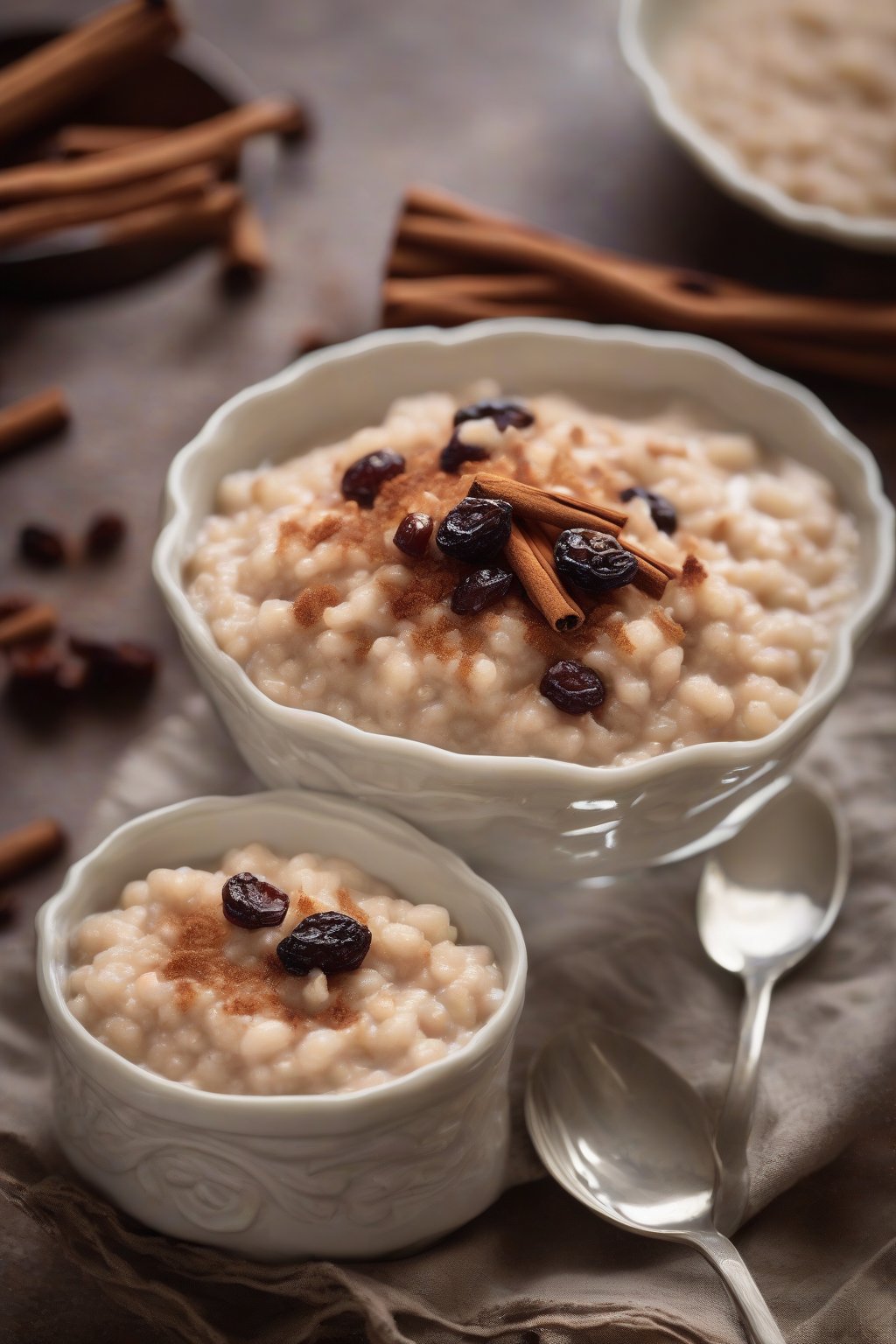A high-resolution photo of cinnamon-spiced rice pudding with raisins, dusted with extra cinnamon, under soft lighting.