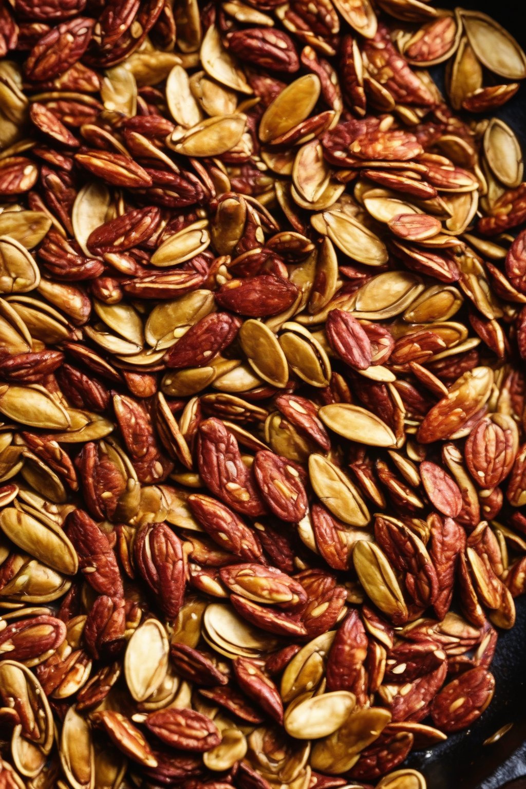 A close-up photo of deep red smoky paprika roasted pumpkin seeds in a cast iron skillet under soft lighting.
