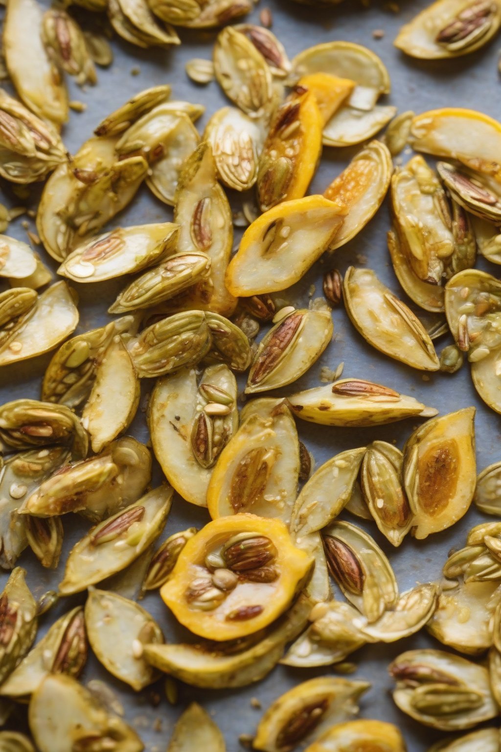 A close-up photo of yellow-tinged lemon pepper roasted pumpkin seeds on a citrus slice under soft lighting.