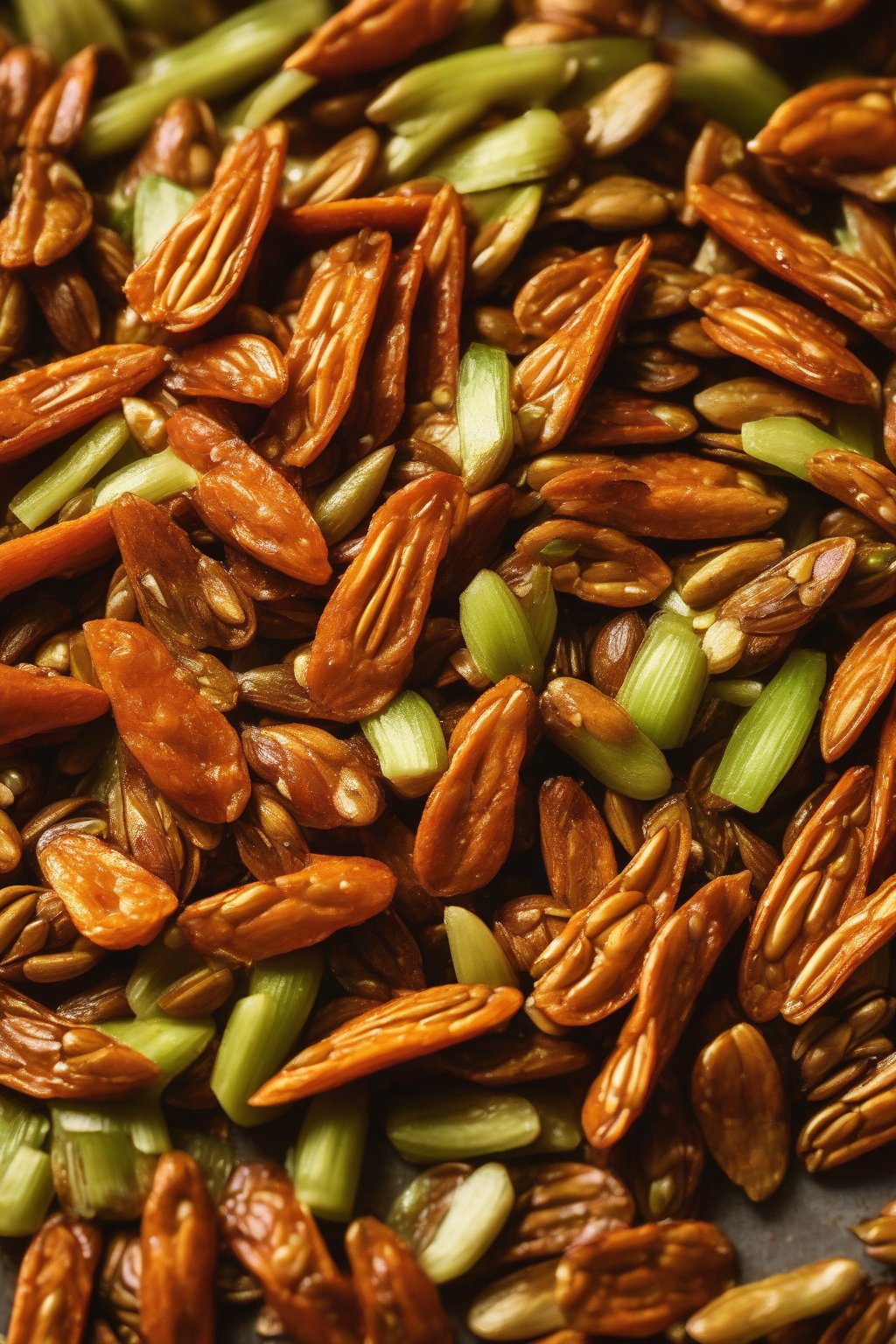A close-up photo of fiery red buffalo wing roasted pumpkin seeds with celery sticks under soft lighting.