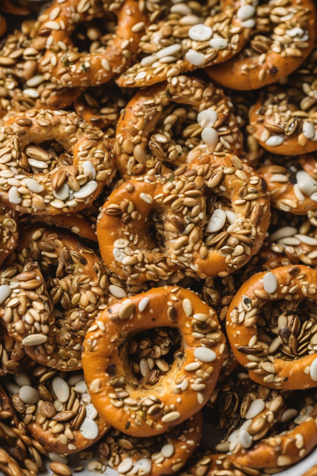 A close-up photo of textured everything bagel roasted pumpkin seeds in a bagel-shaped bowl under soft lighting.
