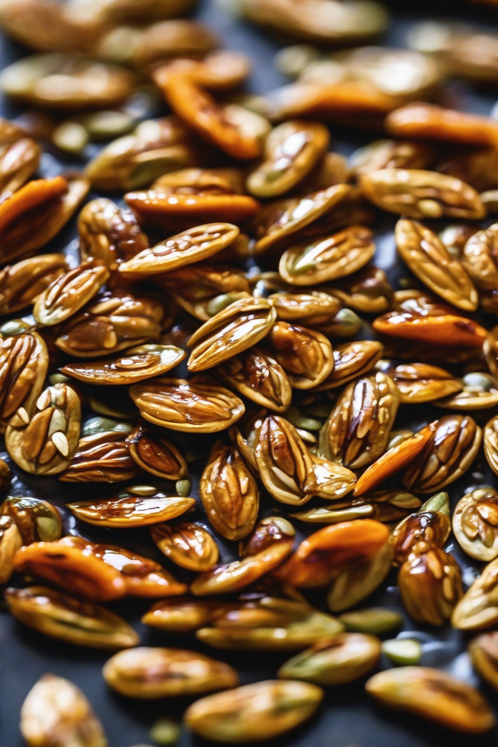 A close-up photo of glossy honey sriracha roasted pumpkin seeds drizzled with extra sauce under soft lighting.