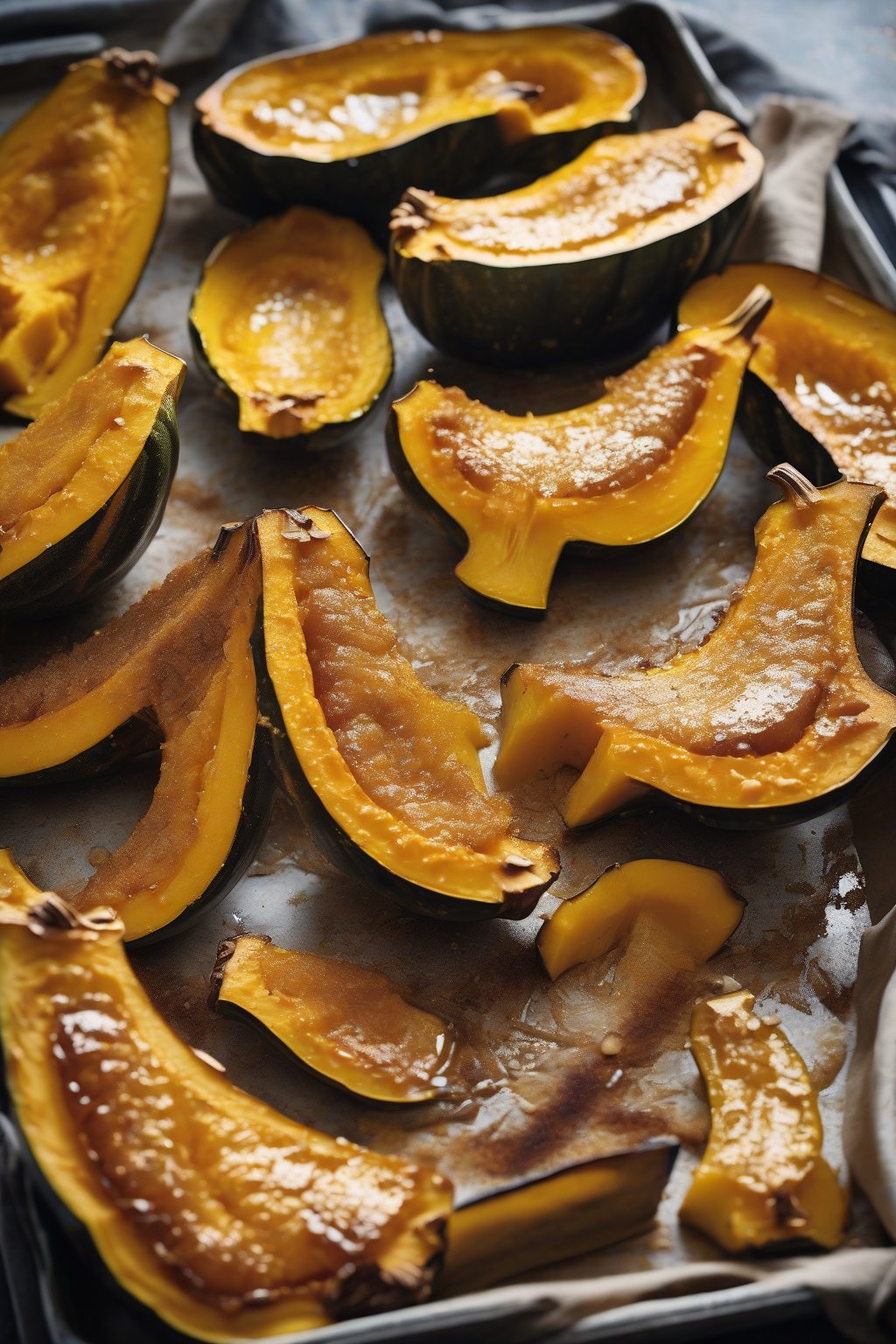 A high-resolution photo of golden roasted acorn squash halves glistening with melted butter and brown sugar under soft lighting.