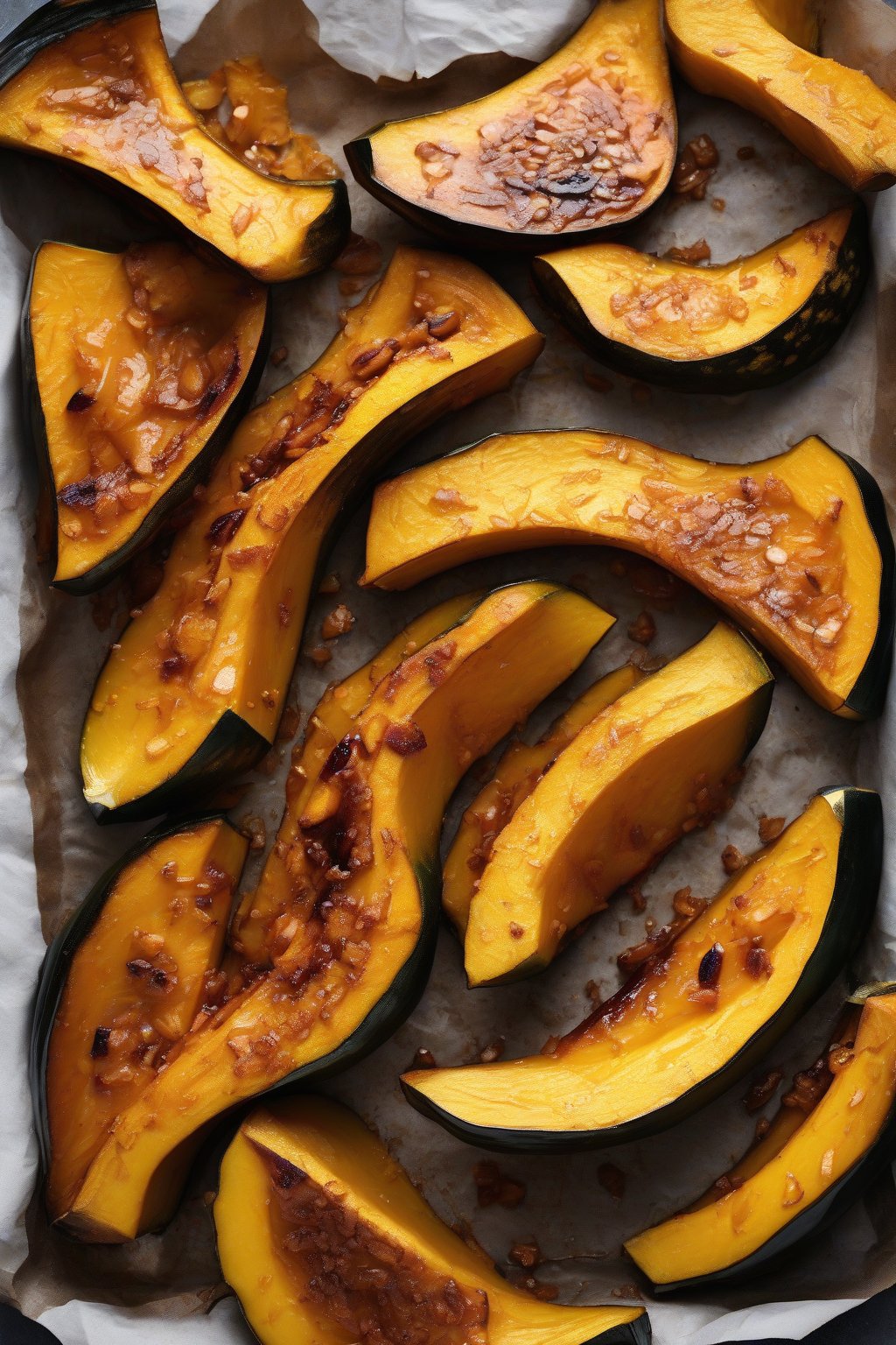 A high-resolution photo of maple-glazed acorn squash wedges with caramelized edges under soft lighting.
