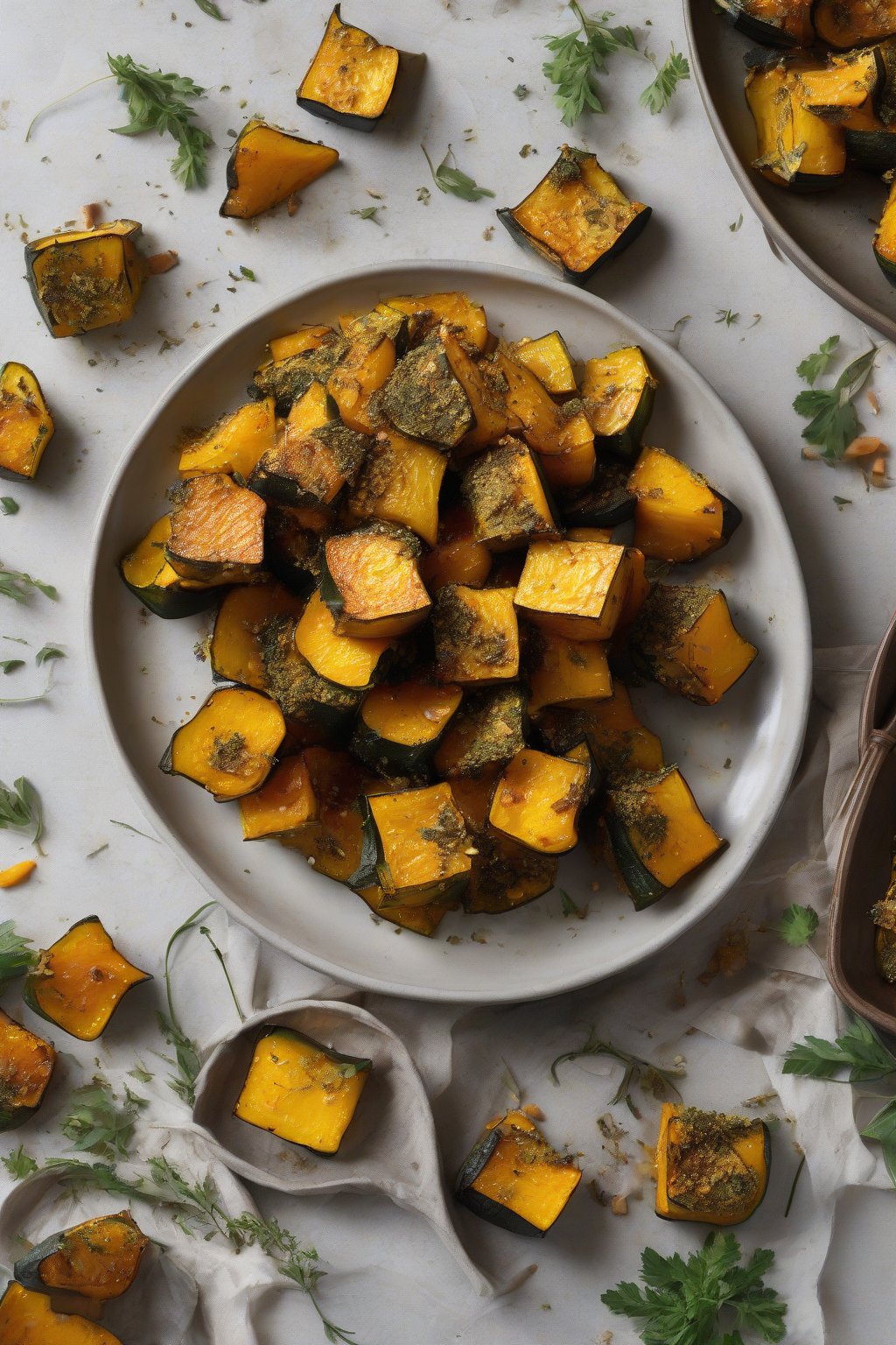 A high-resolution photo of herb-crusted roasted acorn squash cubes scattered on a plate under soft lighting.