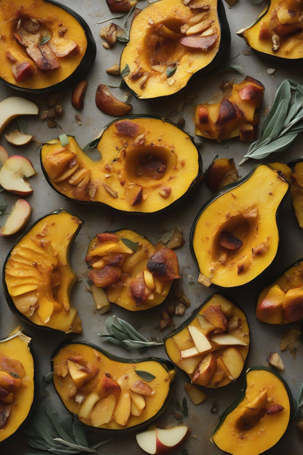 A high-resolution photo of roasted acorn squash slices mingled with browned apple wedges and sage under soft lighting.