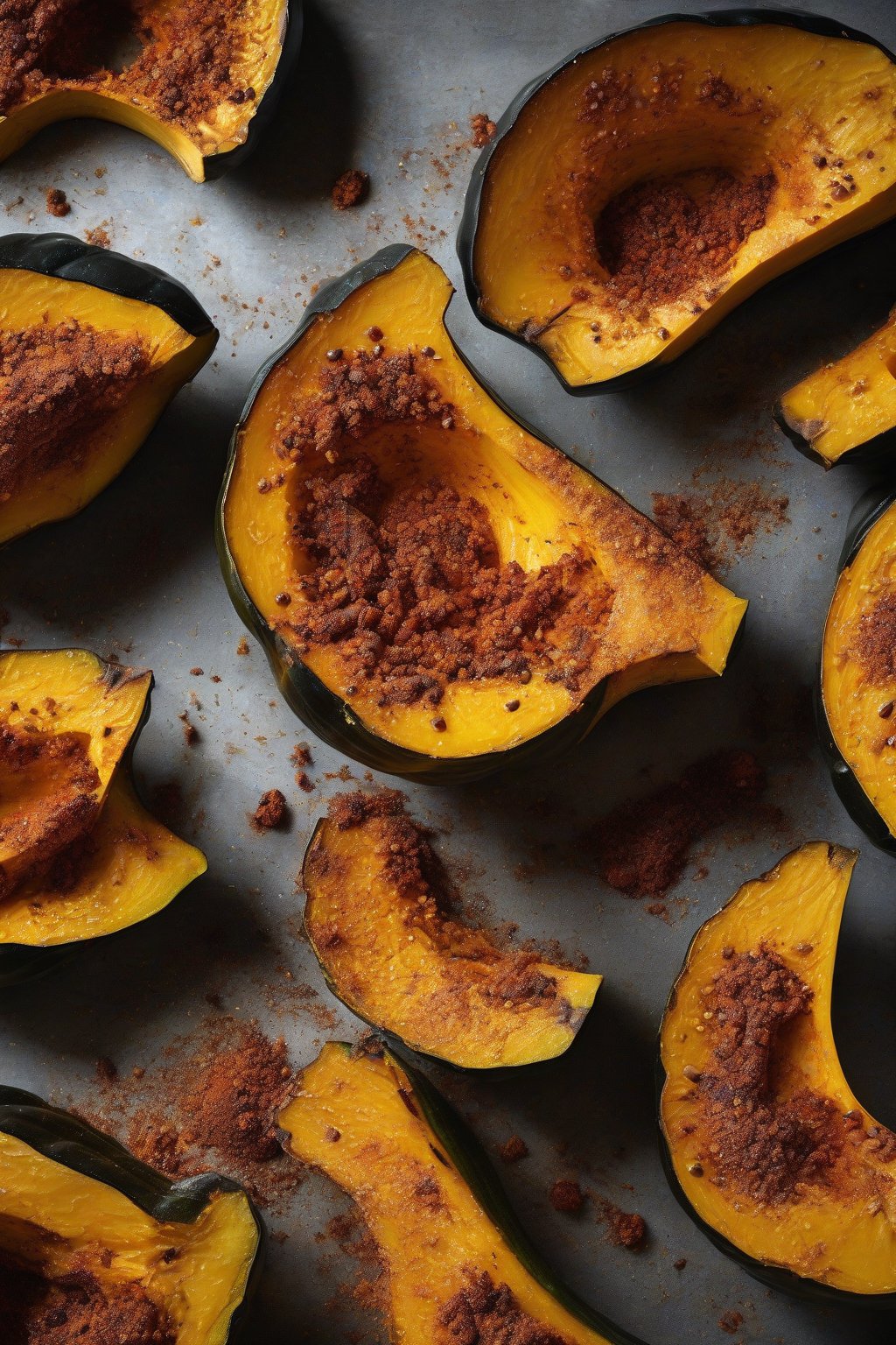 A high-resolution photo of spicy roasted acorn squash halves dusted with chili powder under soft lighting.