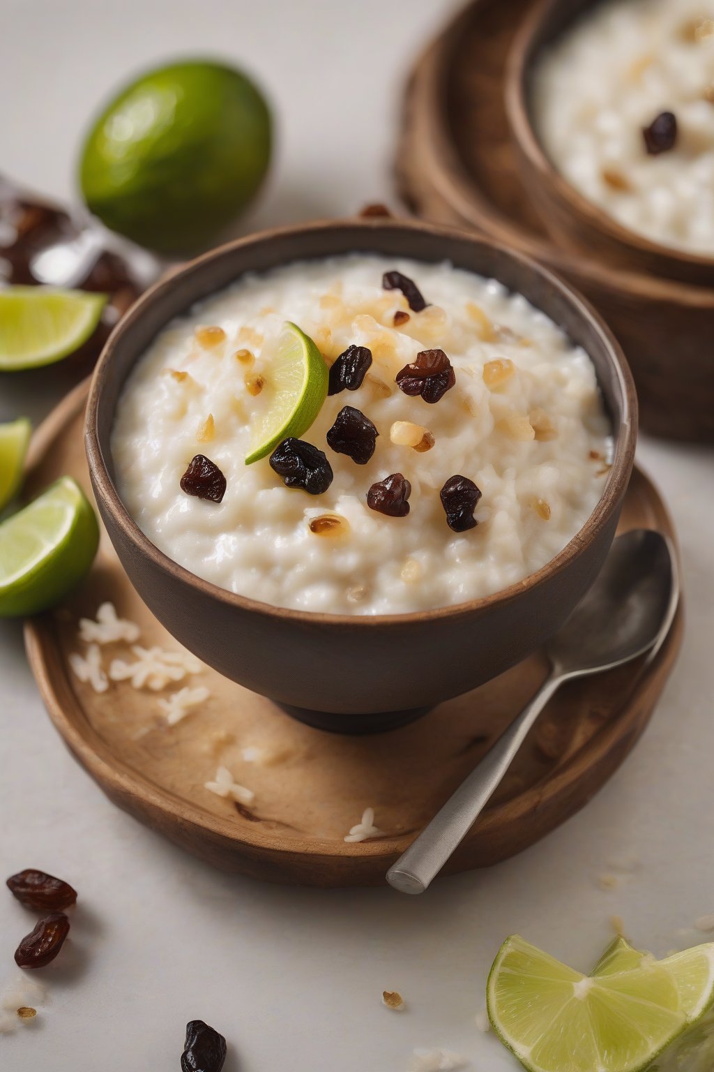 A high-resolution close-up photo of coconut rice pudding swirled with raisins and lime zest, under soft lighting.