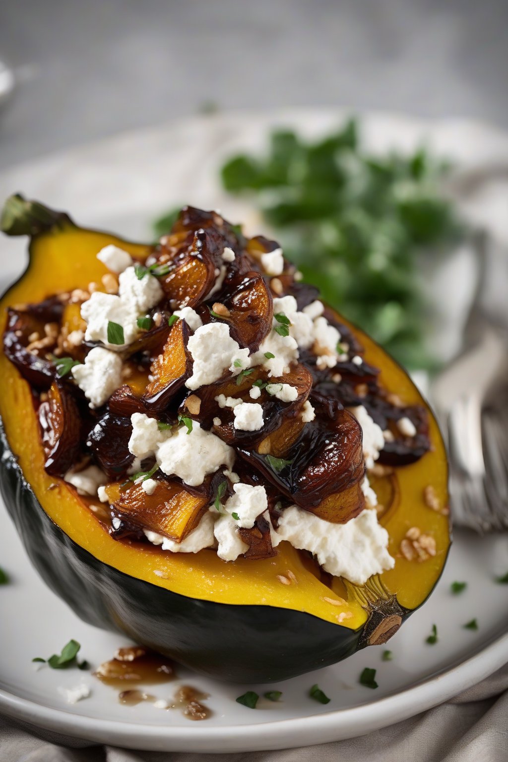 A high-resolution photo of balsamic-glazed roasted acorn squash topped with crumbled goat cheese under soft lighting.