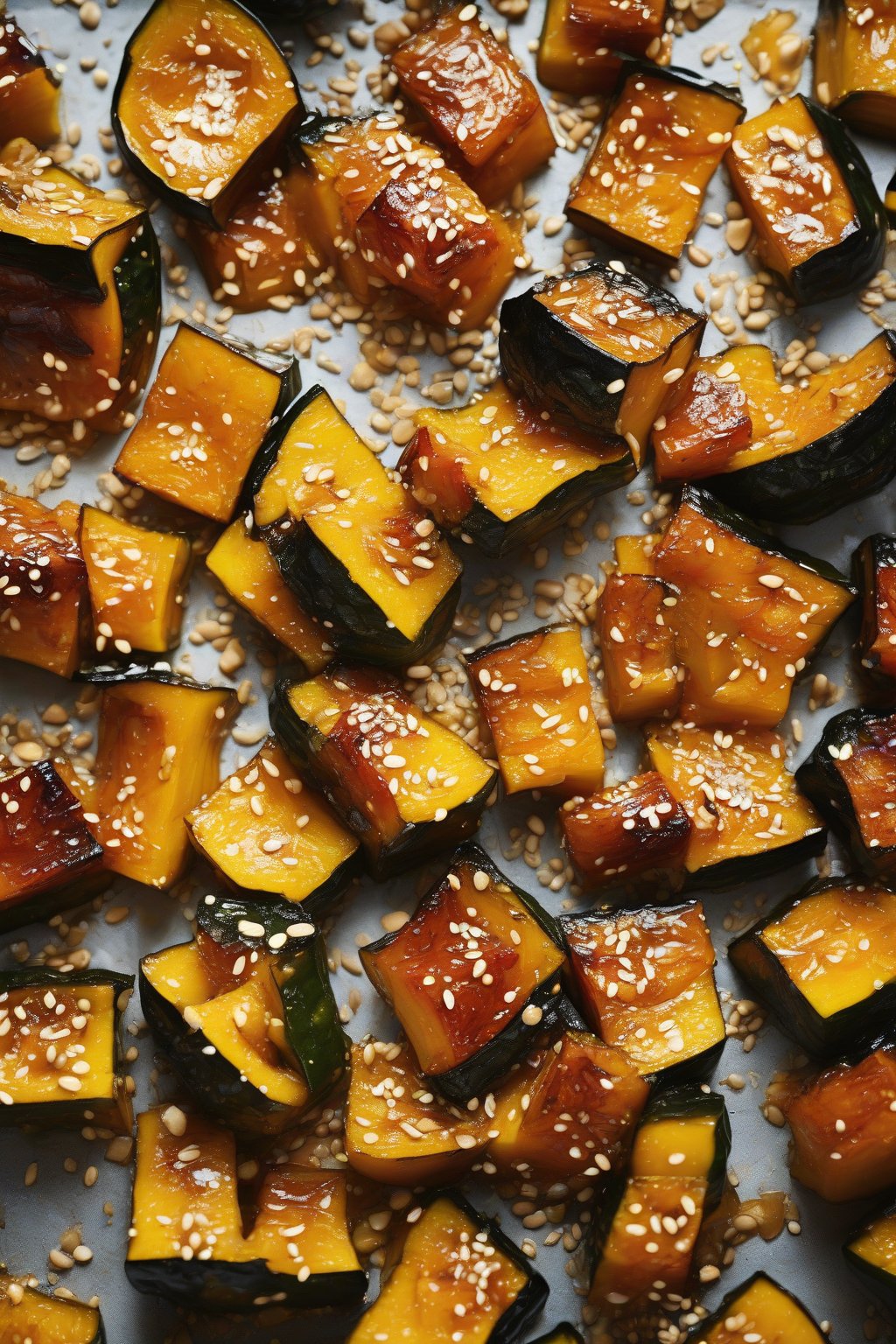 A high-resolution photo of honey-garlic roasted acorn squash cubes with sesame seeds under soft lighting.