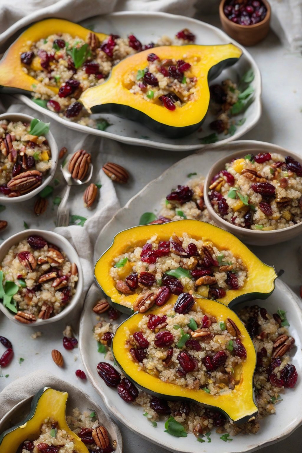A high-resolution photo of roasted acorn squash quinoa salad with cranberries and pecans under soft lighting.