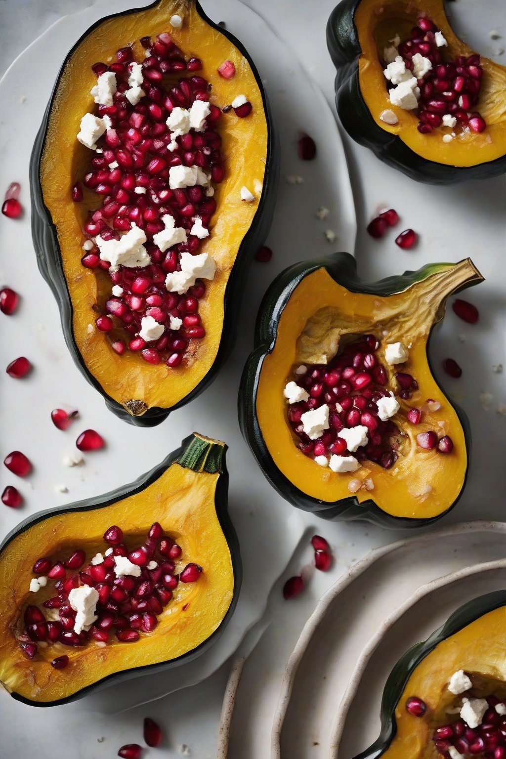 A high-resolution photo of roasted acorn squash halves topped with pomegranate seeds and feta under soft lighting.